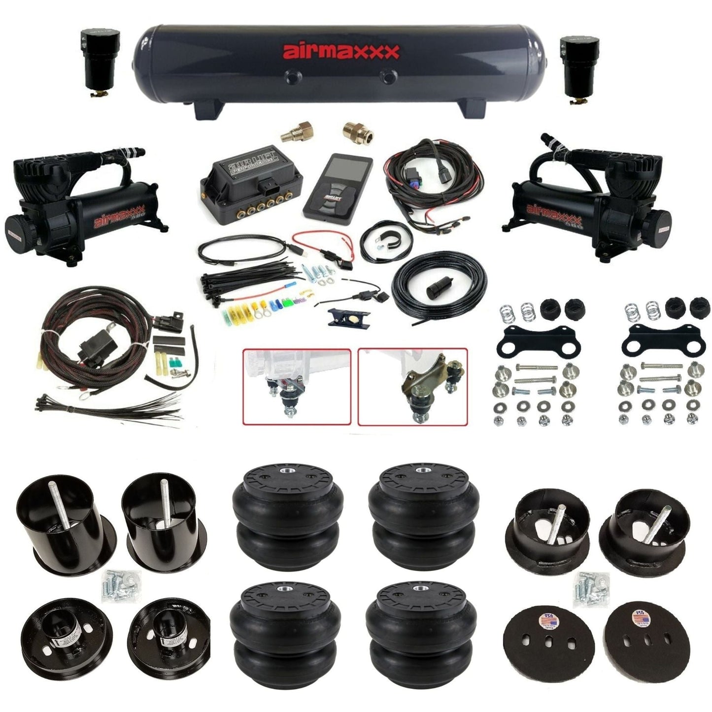 Air Lift 3P 3/8 air suspension kit with dual black 580 compressors steel tank slam bags & airmaxxx brackets fits 1963-64 Cadillac KCAD63-580B2-57S-27685-WK-3P2SS7