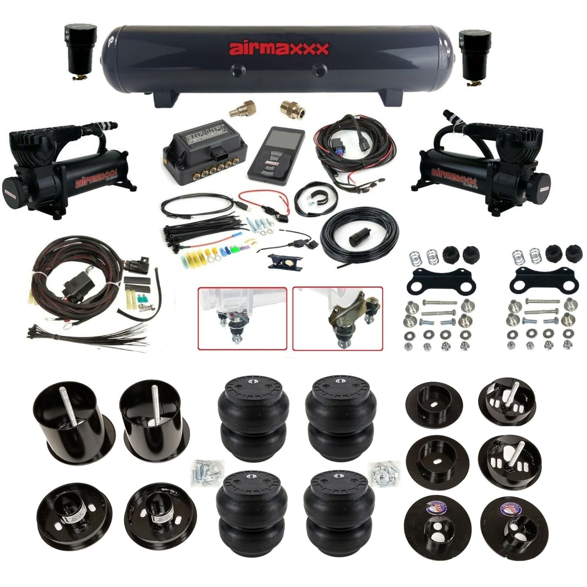 Air Lift 3P 3/8 air suspension kit with dual black 580 compressors steel tank slam bags & airmaxxx brackets fits 1965-70 Cadillac KCAD65-580B2-57S-27685-WK-3P2SS7