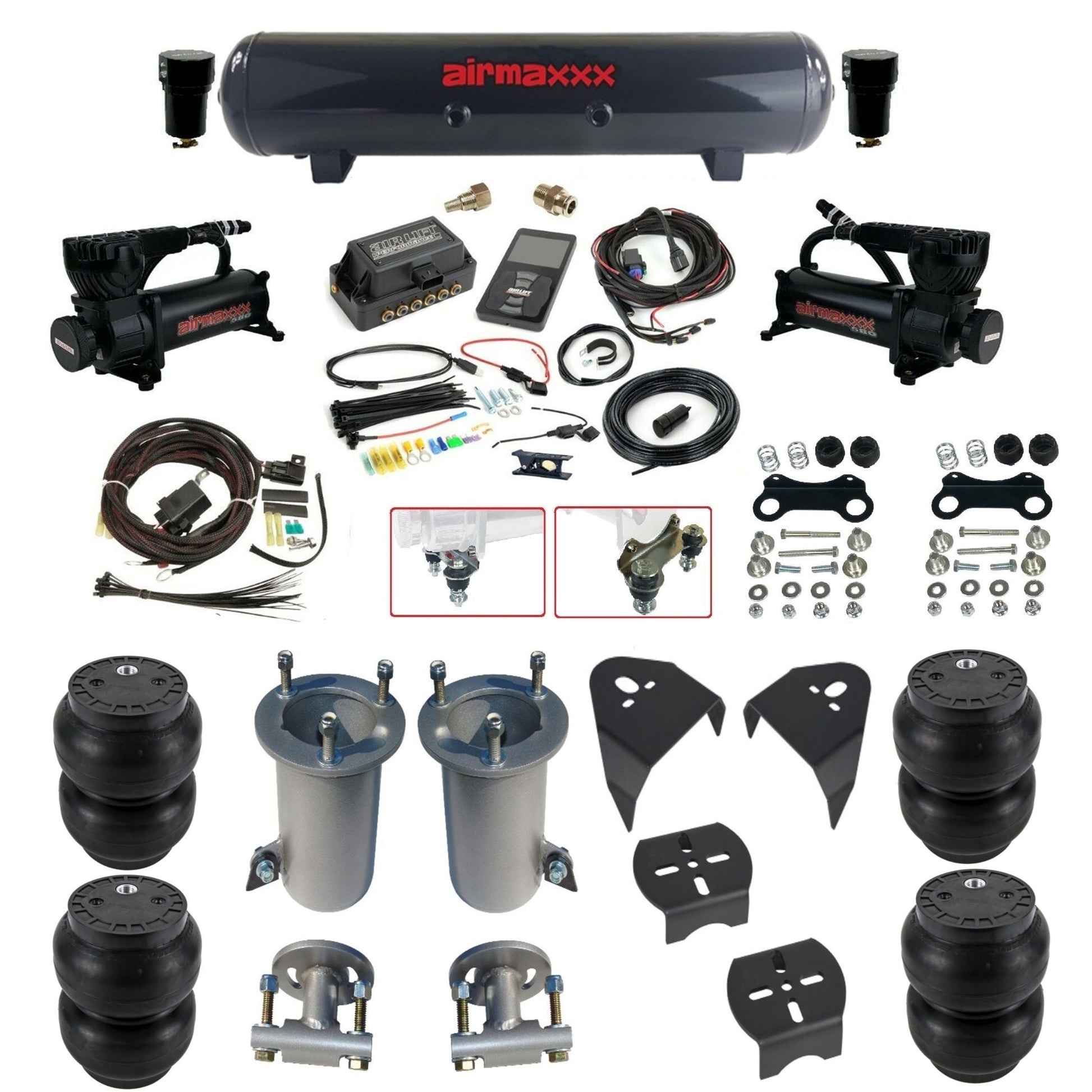 Air Lift 3P 3/8 air suspension kit with dual black 580 compressors steel tank & slam bags w/airmaxxx brackets fits 2007-18 Silverado 1500 KGM07-580B2-57S-27685-WK-3P2SS7