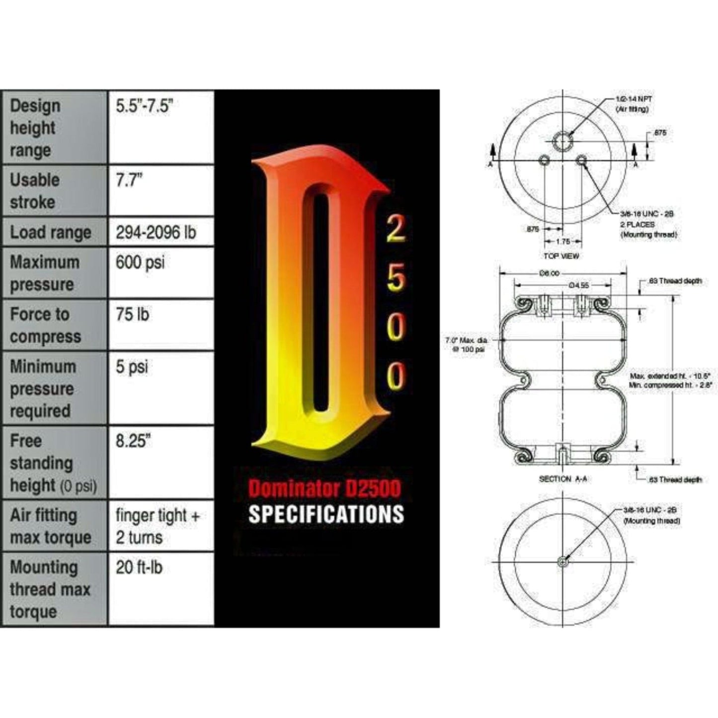 Air Lift Dominator D2500 58343 air suspension bag specs dimensions 