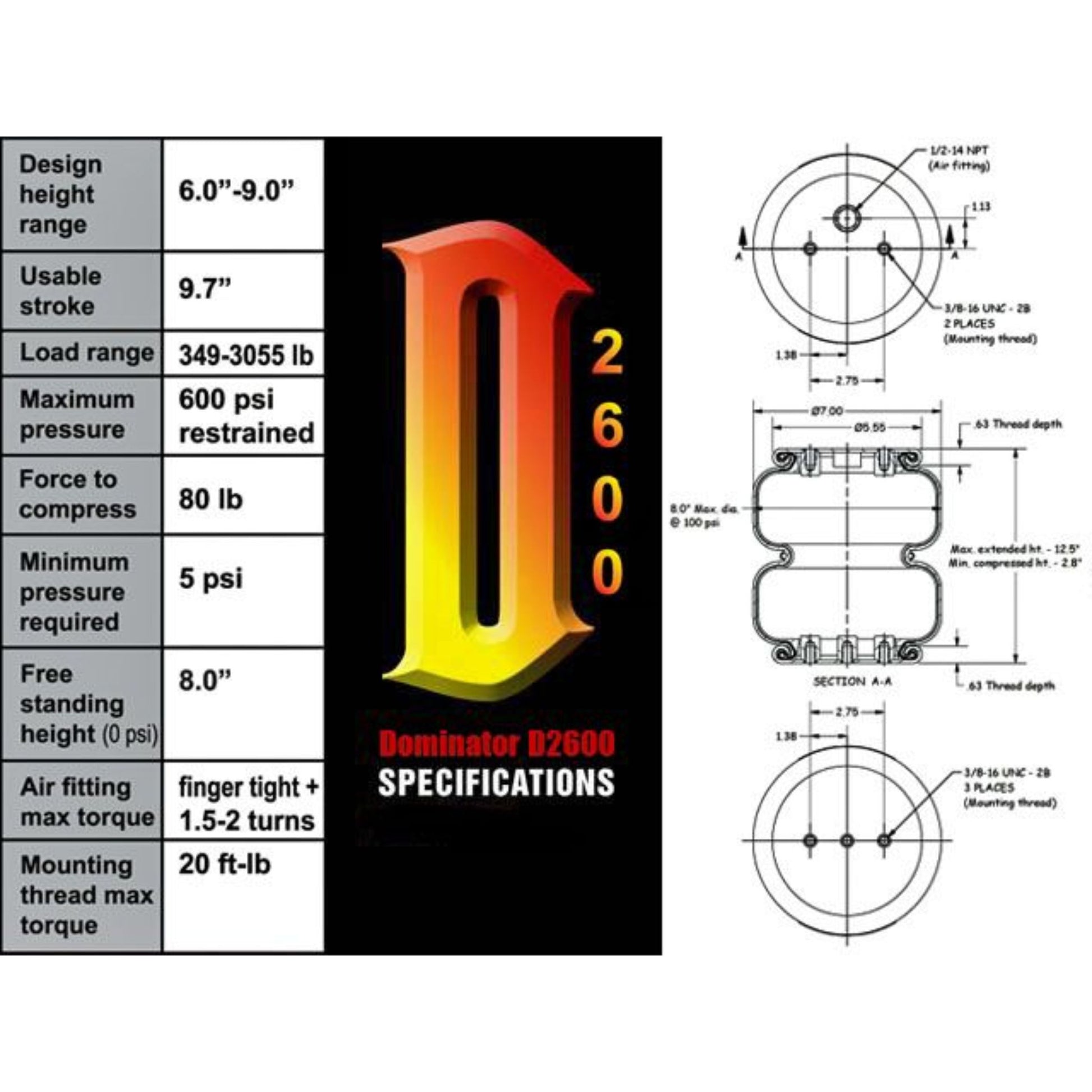 Air Lift Dominator D2600 58616 heavy-duty air suspension bag specifications