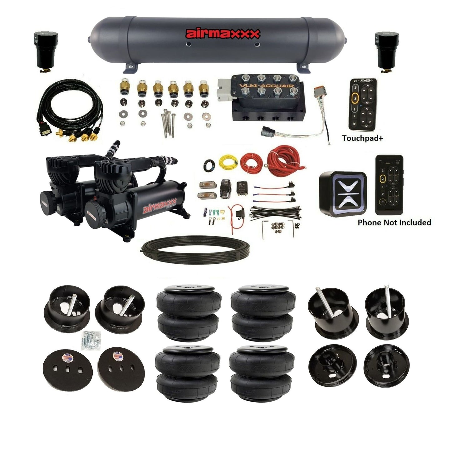 All-black AccuAir e-Level+ with VU4 manifold and dual airmaxxx 580  compressors aluminum tank air lift bags air suspension kit K-CAD6162-580B2-57ABK-VU4-E_PTD25