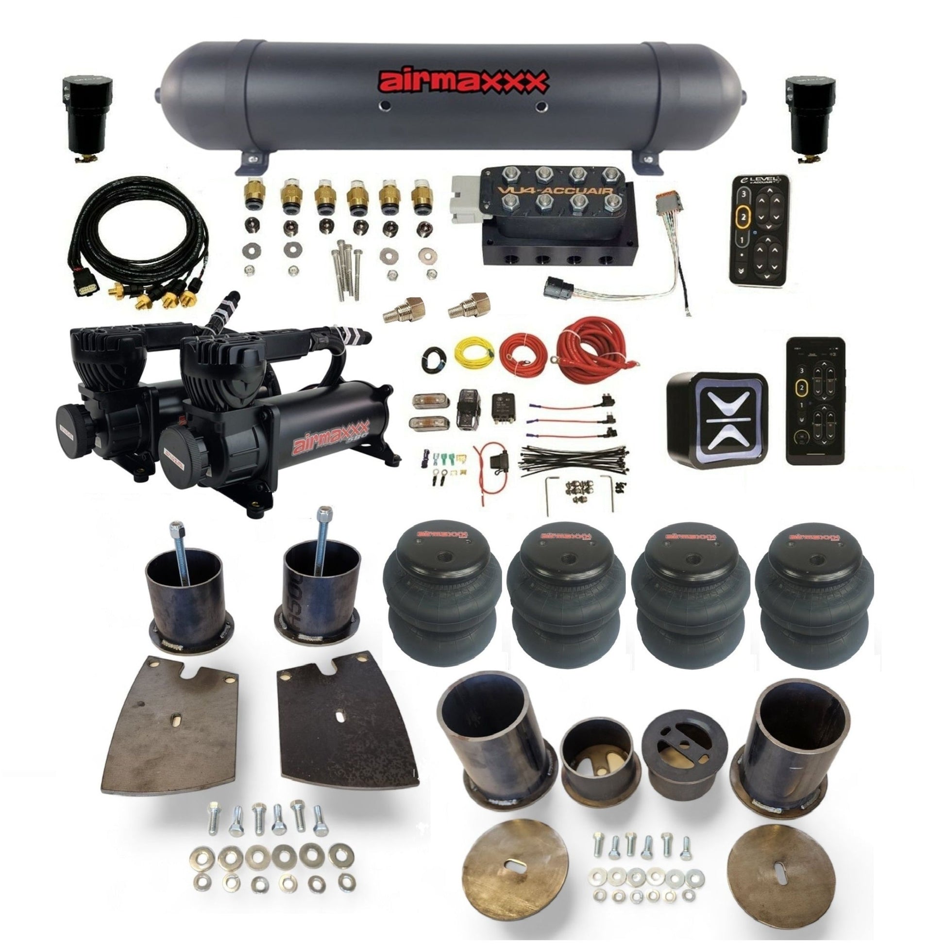 All-black AccuAir e-Level+ with VU4 manifold and dual airmaxxx compressors aluminum tank 2500 bags air suspension kit KBUI61-580B2-57ABK-VU4EPT-WK-HF