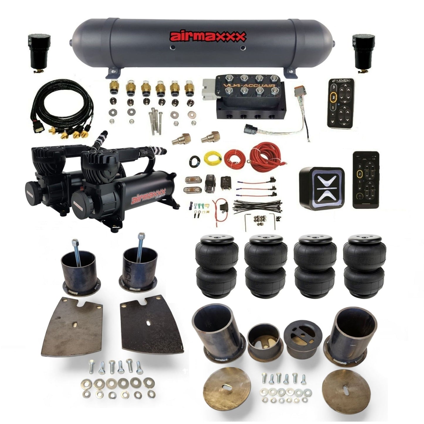 All-black AccuAir e-Level+ with VU4 manifold and dual airmaxxx compressors aluminum tank airlift bags air suspension kit KBUI61-580B2-57ABK-VU4EPT-WK-HFD25