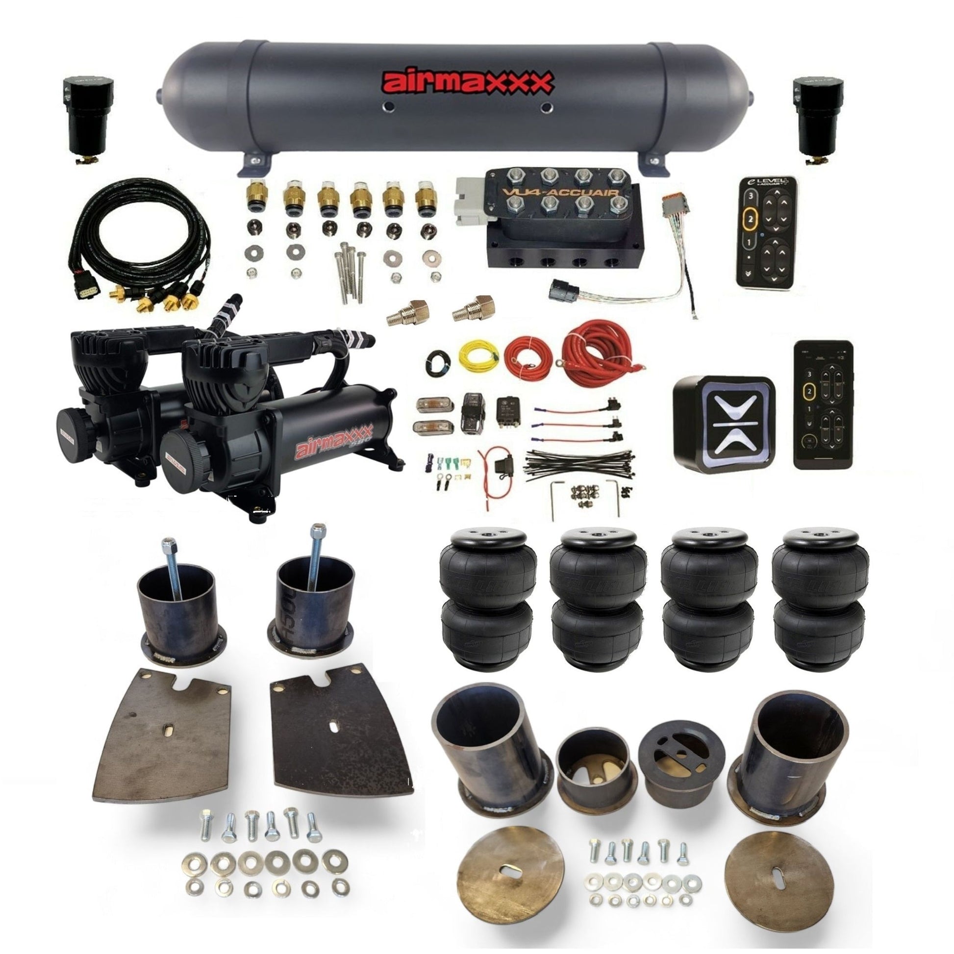 All-black AccuAir e-Level+ with VU4 manifold and dual airmaxxx compressors aluminum tank airlift bags air suspension kit KBUI61-580B2-57ABK-VU4EPT-WK-HFD25