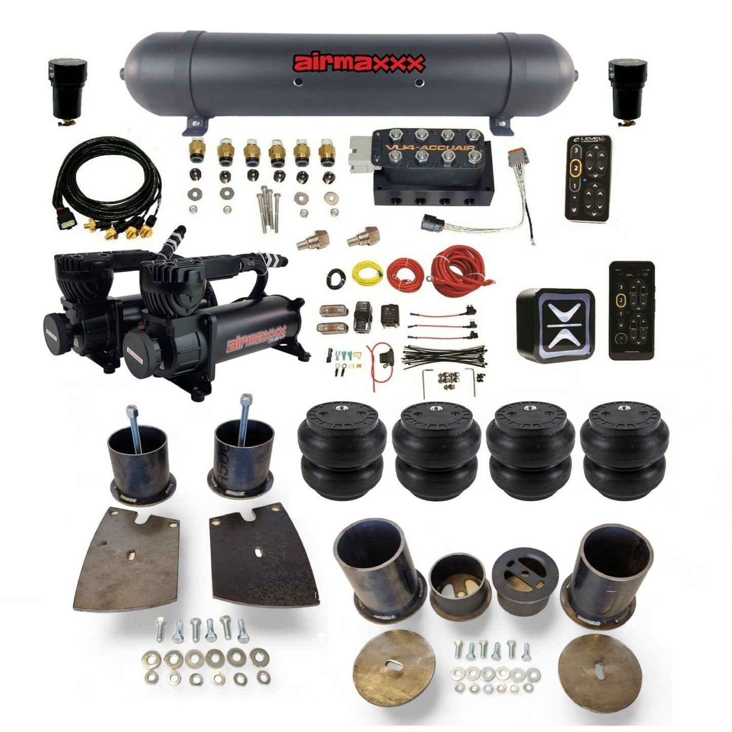 All-black AccuAir e-Level+ with VU4 manifold and dual airmaxxx compressors aluminum tank slam bags air suspension kit KBUI61-580B2-57ABK-VU4EPT-WK-HFSS7