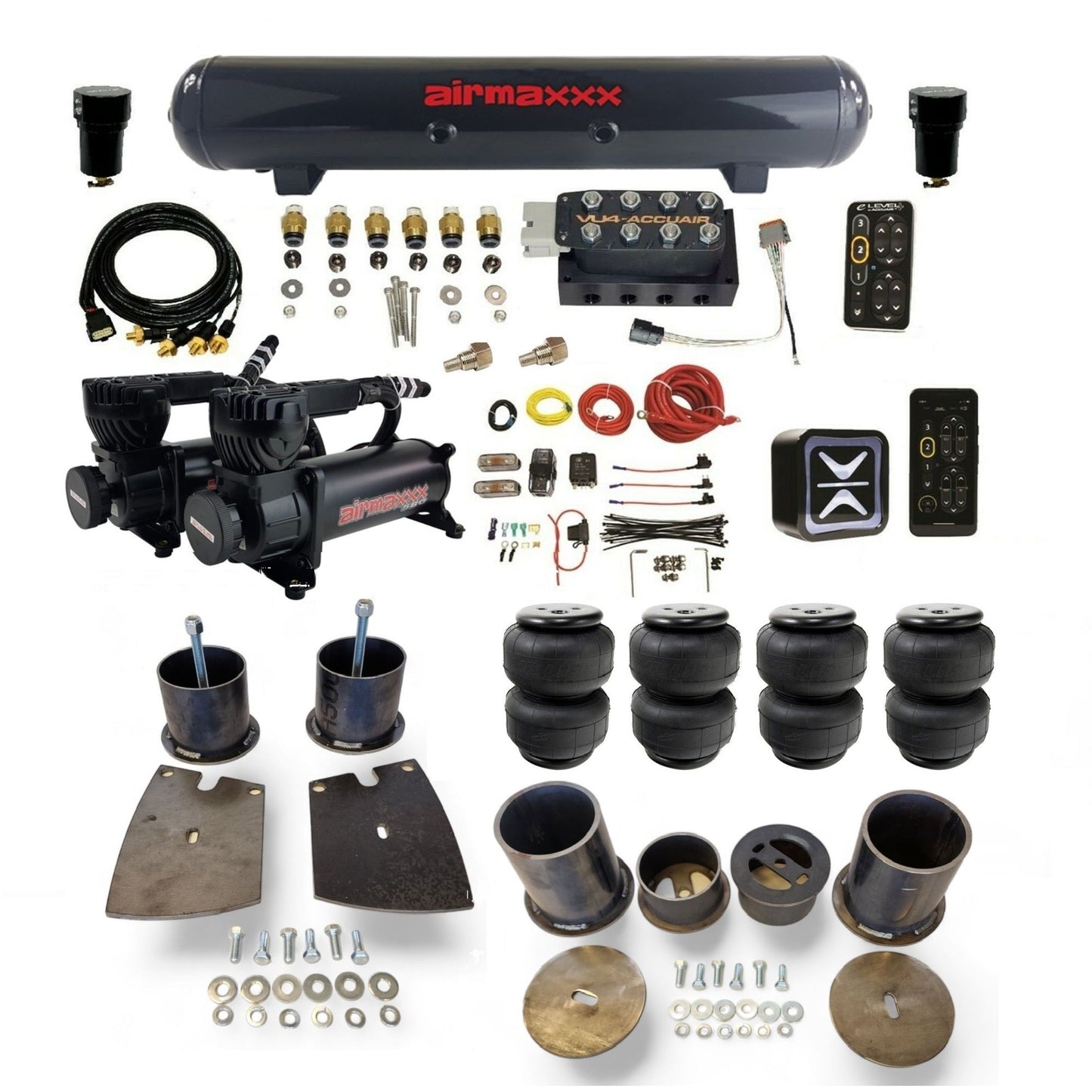 All-black AccuAir e-Level+ with VU4 manifold and dual airmaxxx compressors steel tank airlift bags air suspension kit KBUI61-580B2-57S-VU4EPT-WK-HFD25