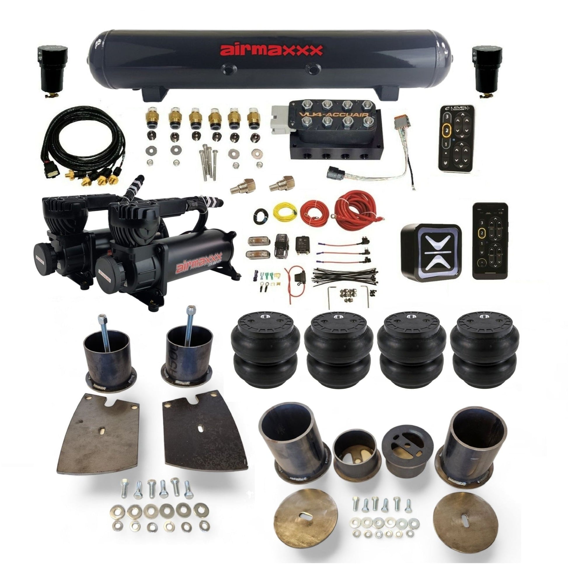 All-black AccuAir e-Level+ with VU4 manifold and dual airmaxxx compressors steel tank slam bags air suspension kit KBUI61-580B2-57S-VU4EPT-WK-HFSS7