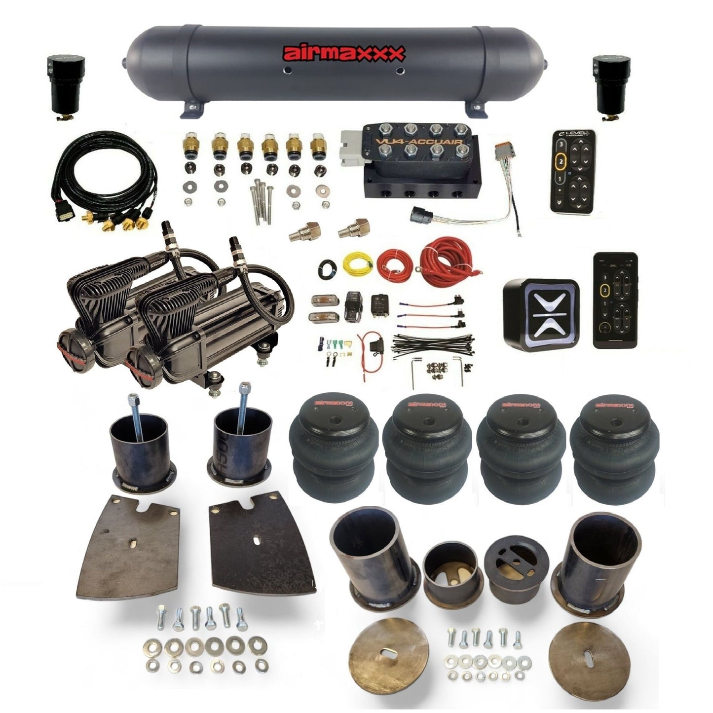 All-black AccuAir e-Level+ with VU4 manifold and dual airmaxxx x-series compressors aluminum tank 2500 bags air suspension kit KBUI61-XB2-57ABK-VU4EPT-WK-HF