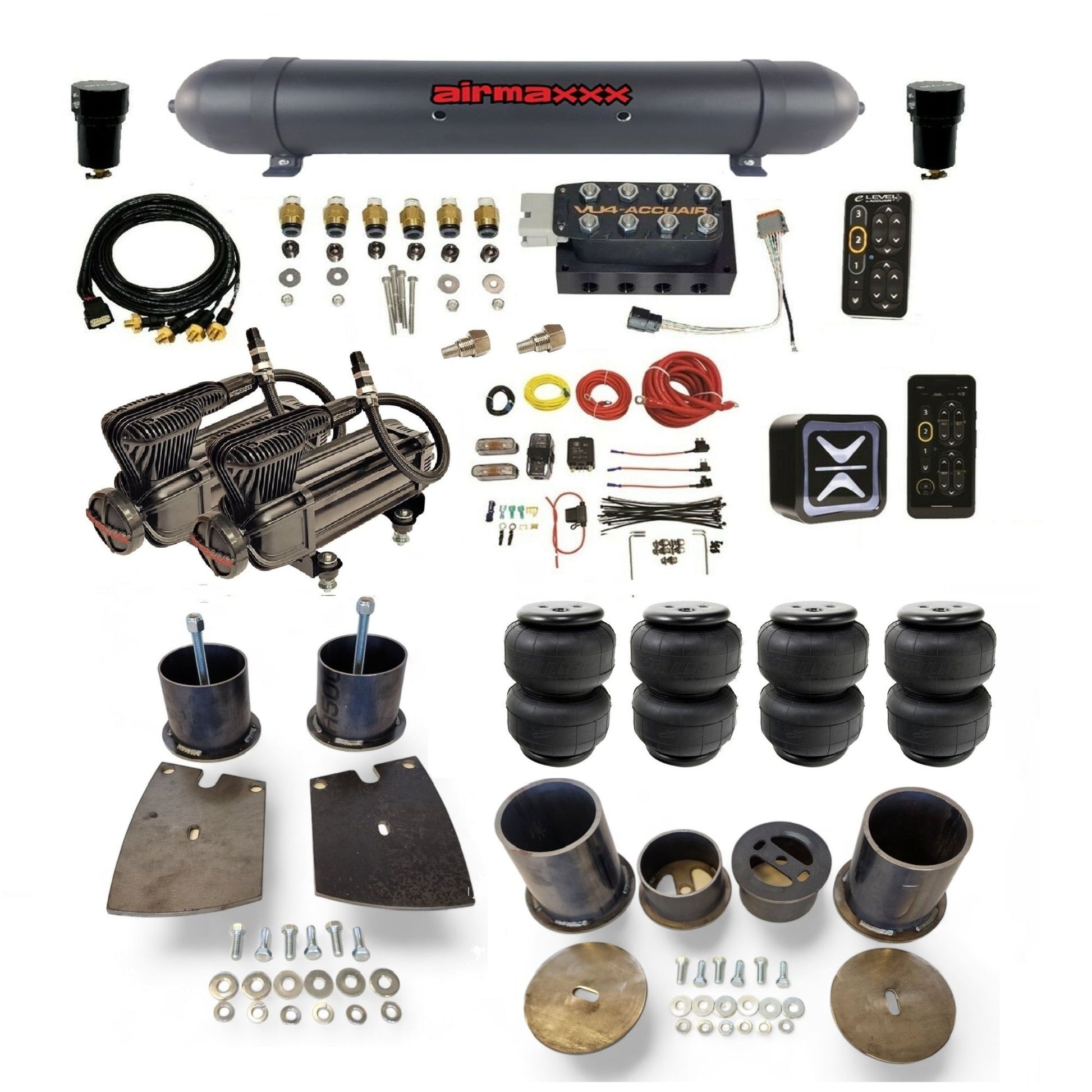 All-black AccuAir e-Level+ with VU4 manifold and dual airmaxxx x-series compressors aluminum tank airlift bags air suspension kit KBUI61-XB2-57ABK-VU4EPT-WK-HFD25