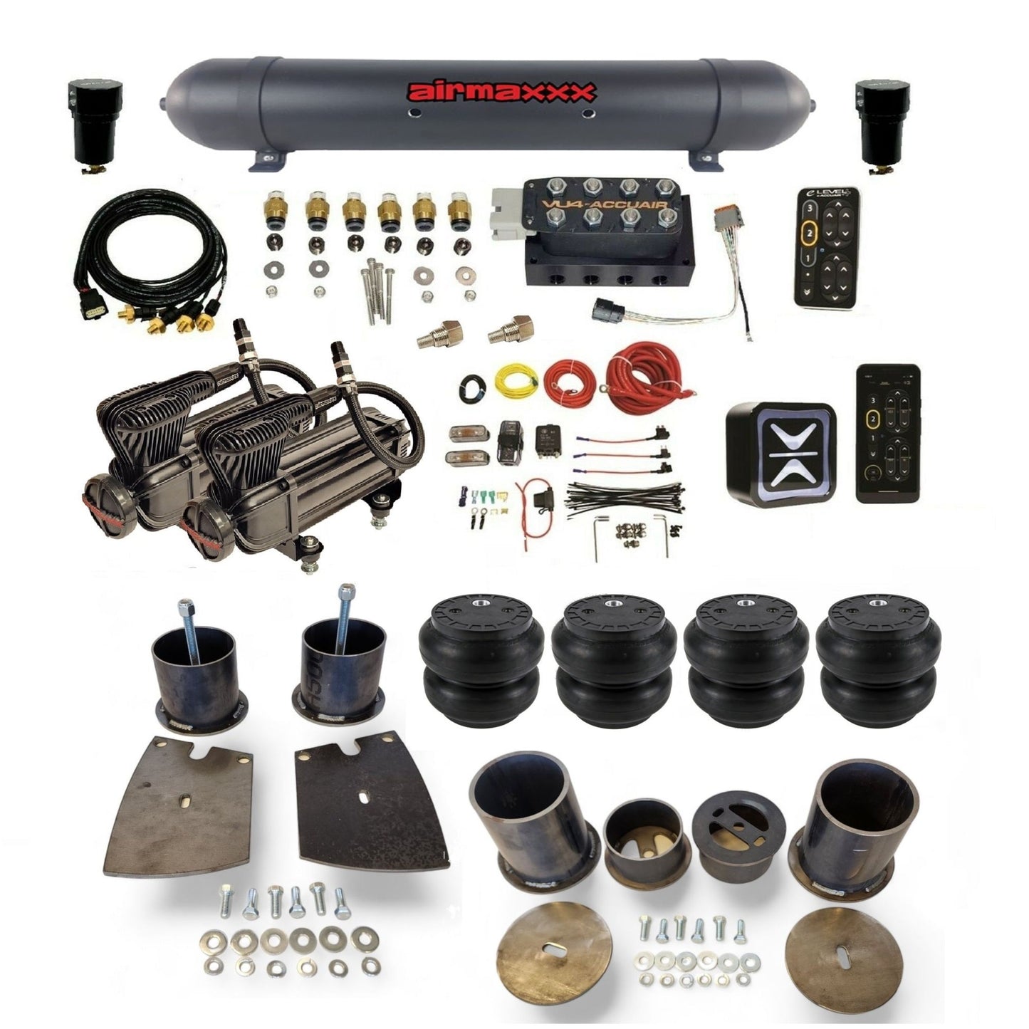 All-black AccuAir e-Level+ with VU4 manifold and dual airmaxxx x-series compressors aluminum tank slam bags air suspension kit KBUI61-XB2-57ABK-VU4EPT-WK-HFSS7