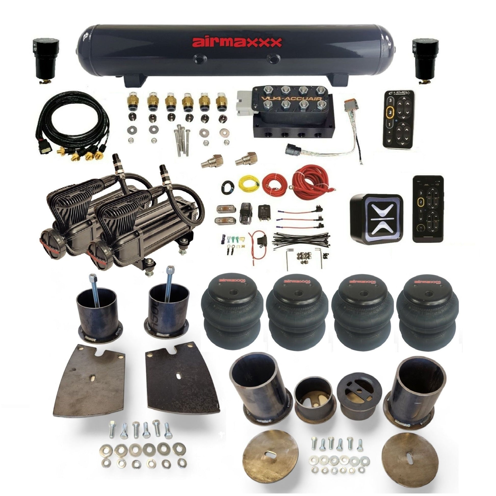 All-black AccuAir e-Level+ with VU4 manifold and dual airmaxxx x-series compressors steel tank 2500 bags air suspension kit KBUI61-XB2-57S-VU4EPT-WK-HF