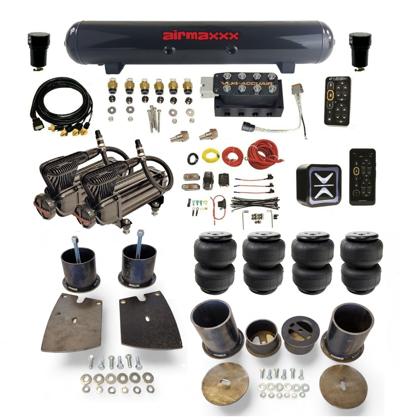 All-black AccuAir e-Level+ with VU4 manifold and dual airmaxxx x-series compressors steel tank airlift bags air suspension kit KBUI61-XB2-57S-VU4EPT-WK-HFD25