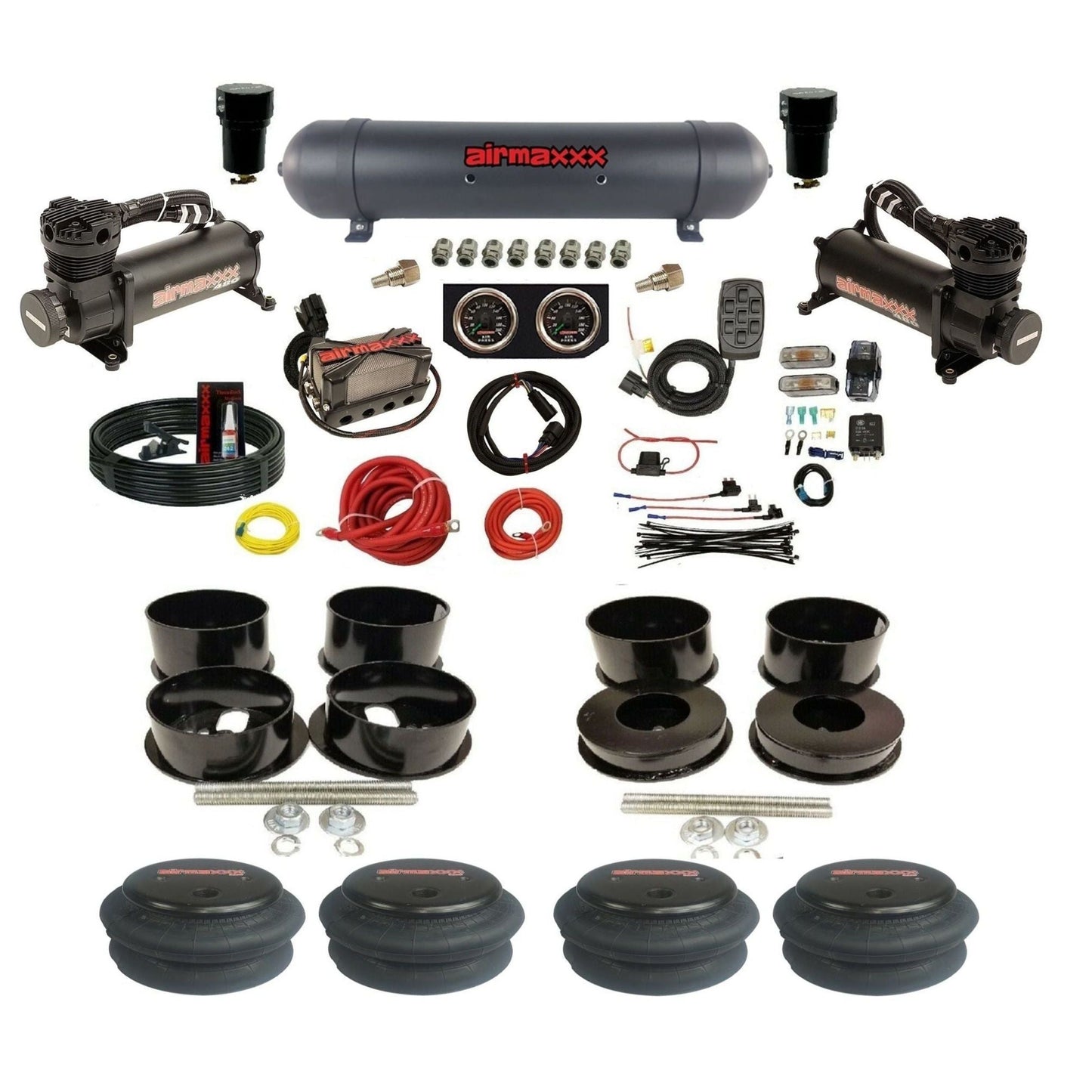 Black 480 airmaxxx Air Suspension Kit Plug n Play X4 Air Manifold w/Gauges 2600 bags & aluminum tank Fits 1971-77 GM B-Body KBBDY-480B2-57ABK-X4X7-WK-HF