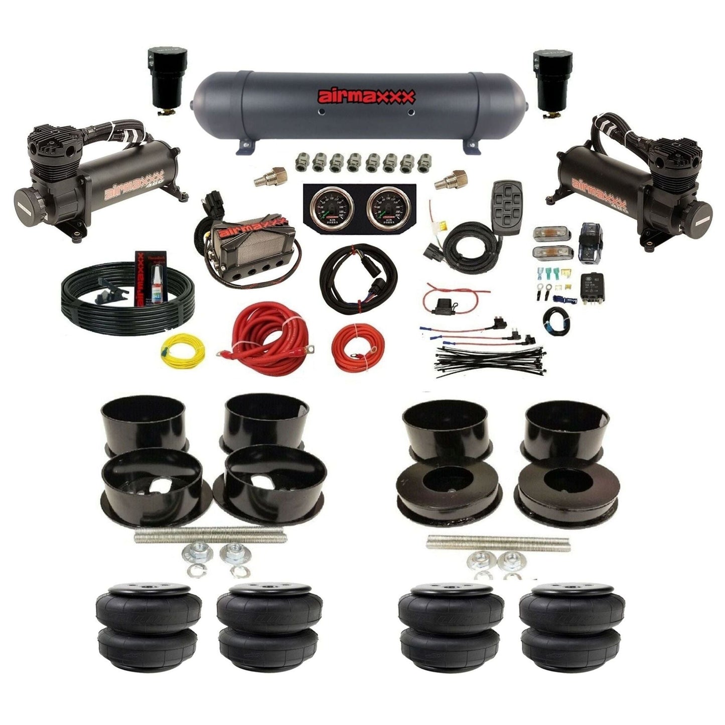 Black 480 airmaxxx Air Suspension Kit Plug n Play X4 Air Manifold w/Gauges Air Lift bags & aluminum tank Fits 1971-77 GM B-Body KBBDY-480B2-57ABK-X4X7-WK-HFD25