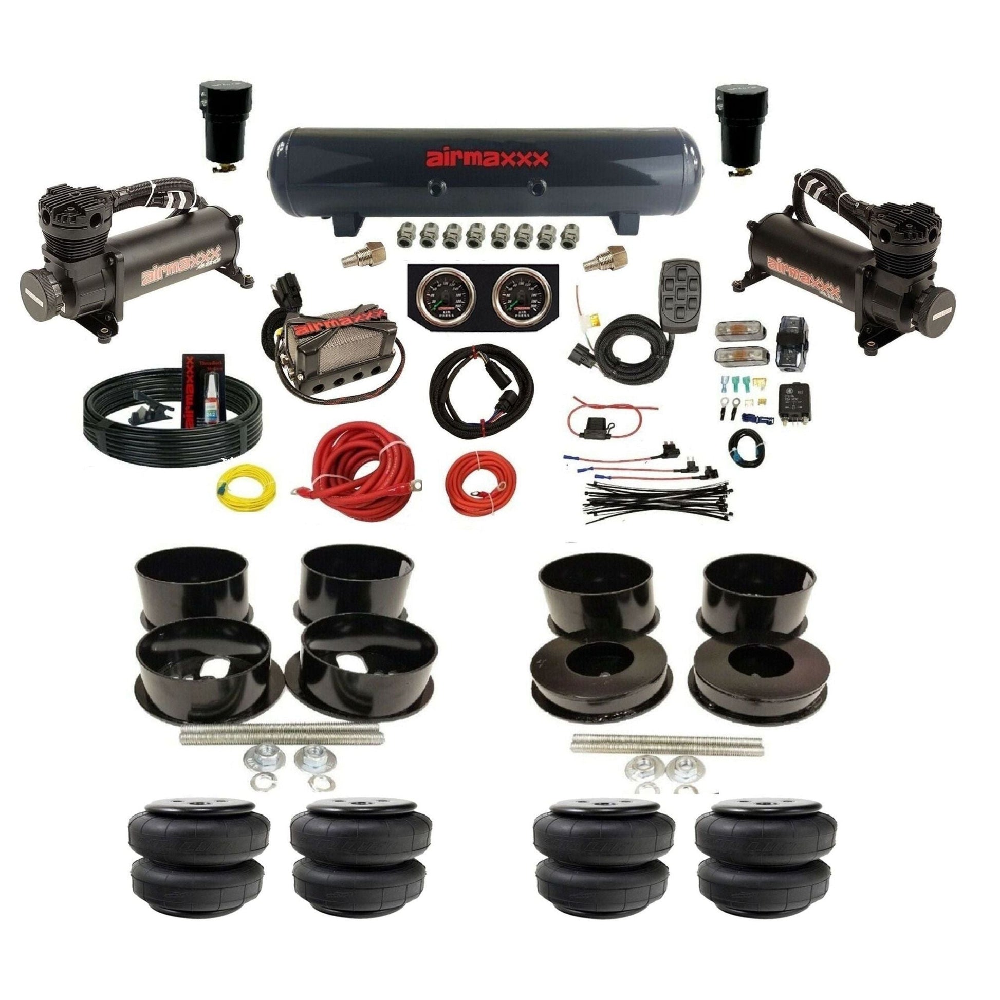 Black 480 airmaxxx Air Suspension Kit Plug n Play X4 Air Manifold w/Gauges Air Lift bags & steel tank Fits 1971-77 GM B-Body KBBDY-480B2-57S-X4X7-WK-HFD25