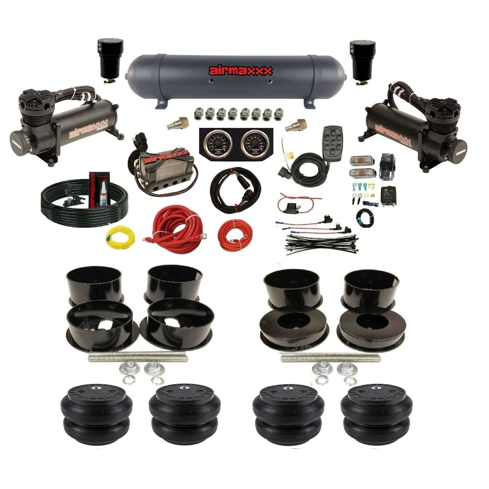 Black 480 airmaxxx Air Suspension Kit Plug n Play X4 Air Manifold w/Gauges Slam bags & aluminum tank Fits 1971-77 GM B-Body KBBDY-480B2-57ABK-X4X7-WK-HFSS7