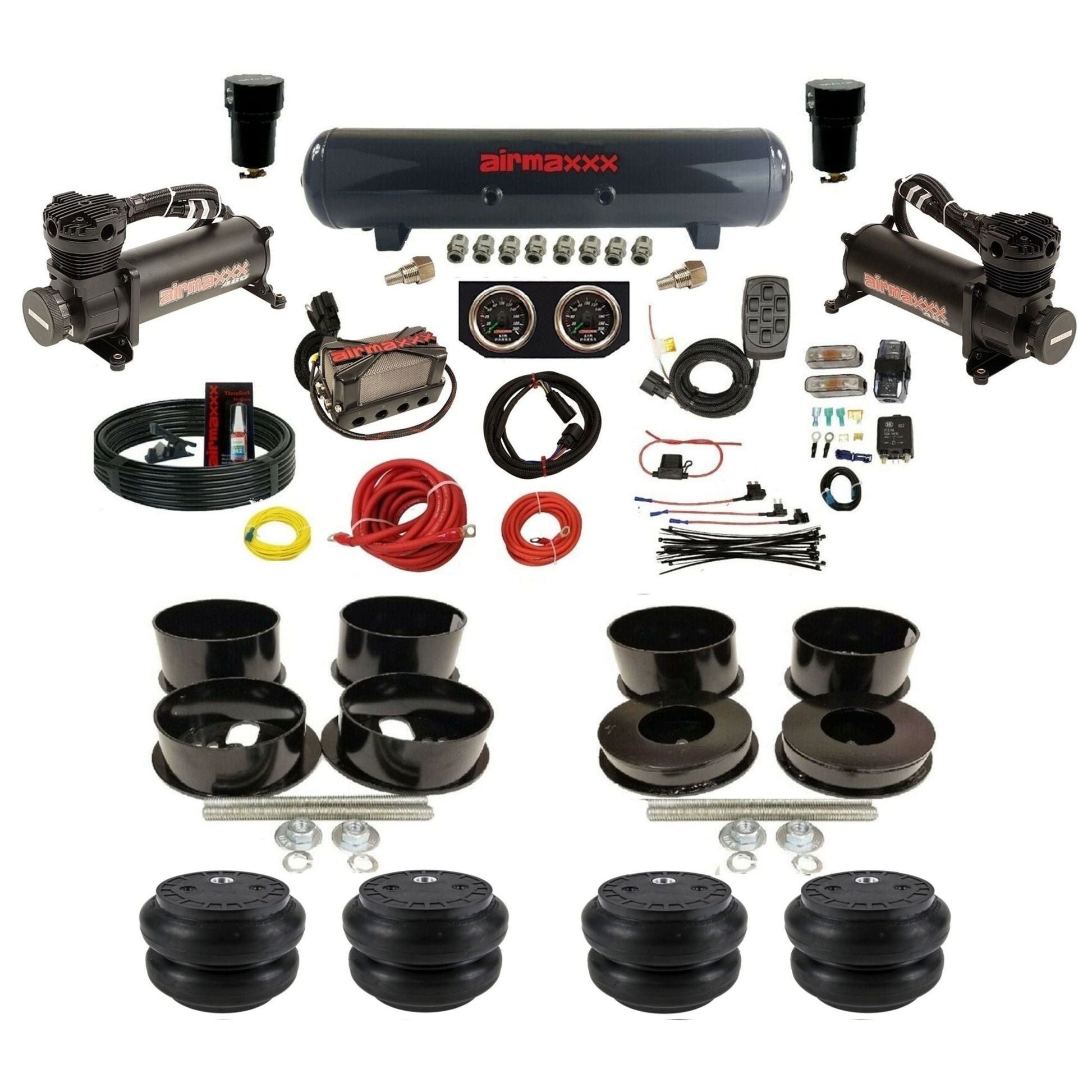Black 480 airmaxxx Air Suspension Kit Plug n Play X4 Air Manifold w/Gauges Slam bags & steel tank Fits 1971-77 GM B-Body KBBDY-480B2-57S-X4X7-WK-HFSS7