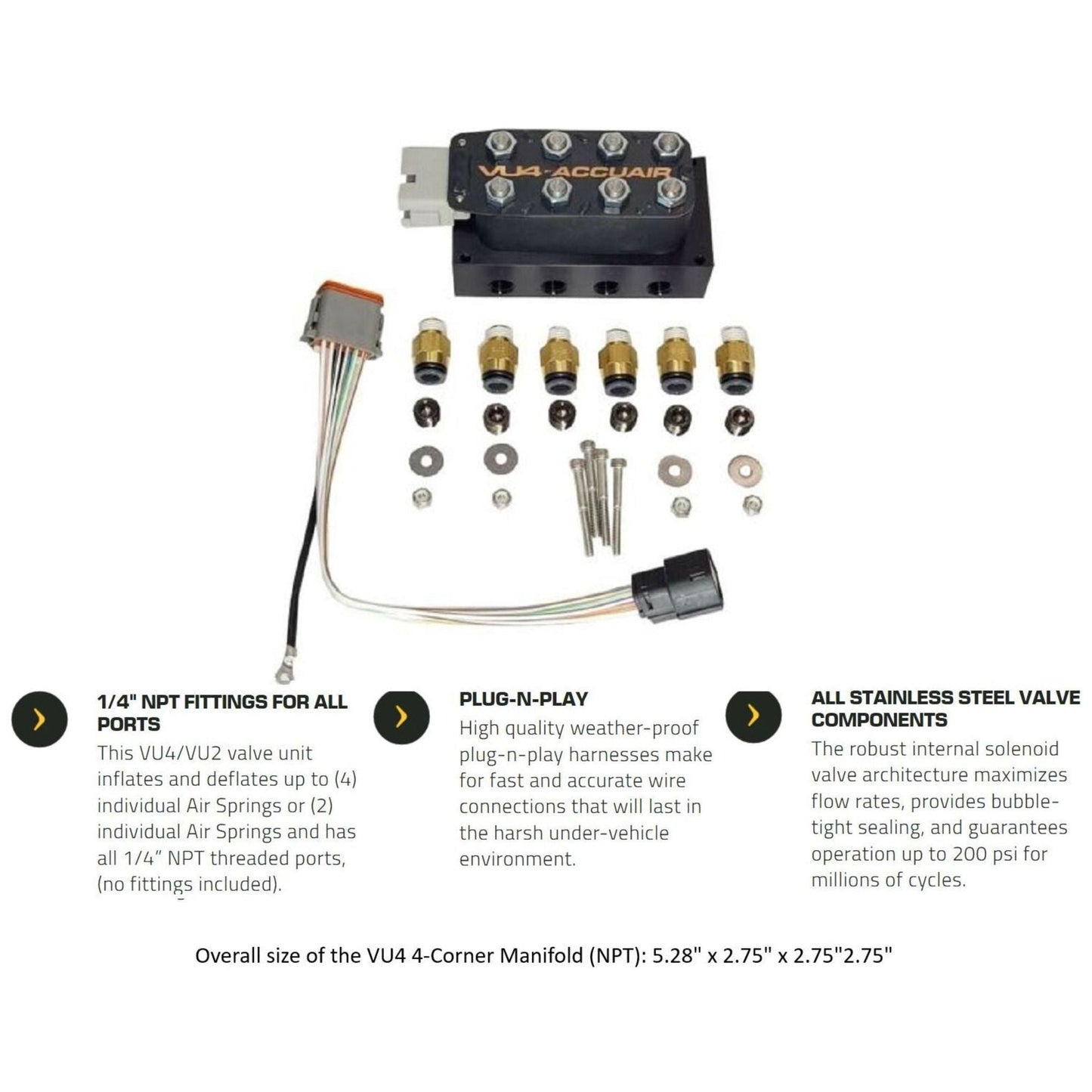 Compact AccuAir VU4 air suspension valve block specs instructions