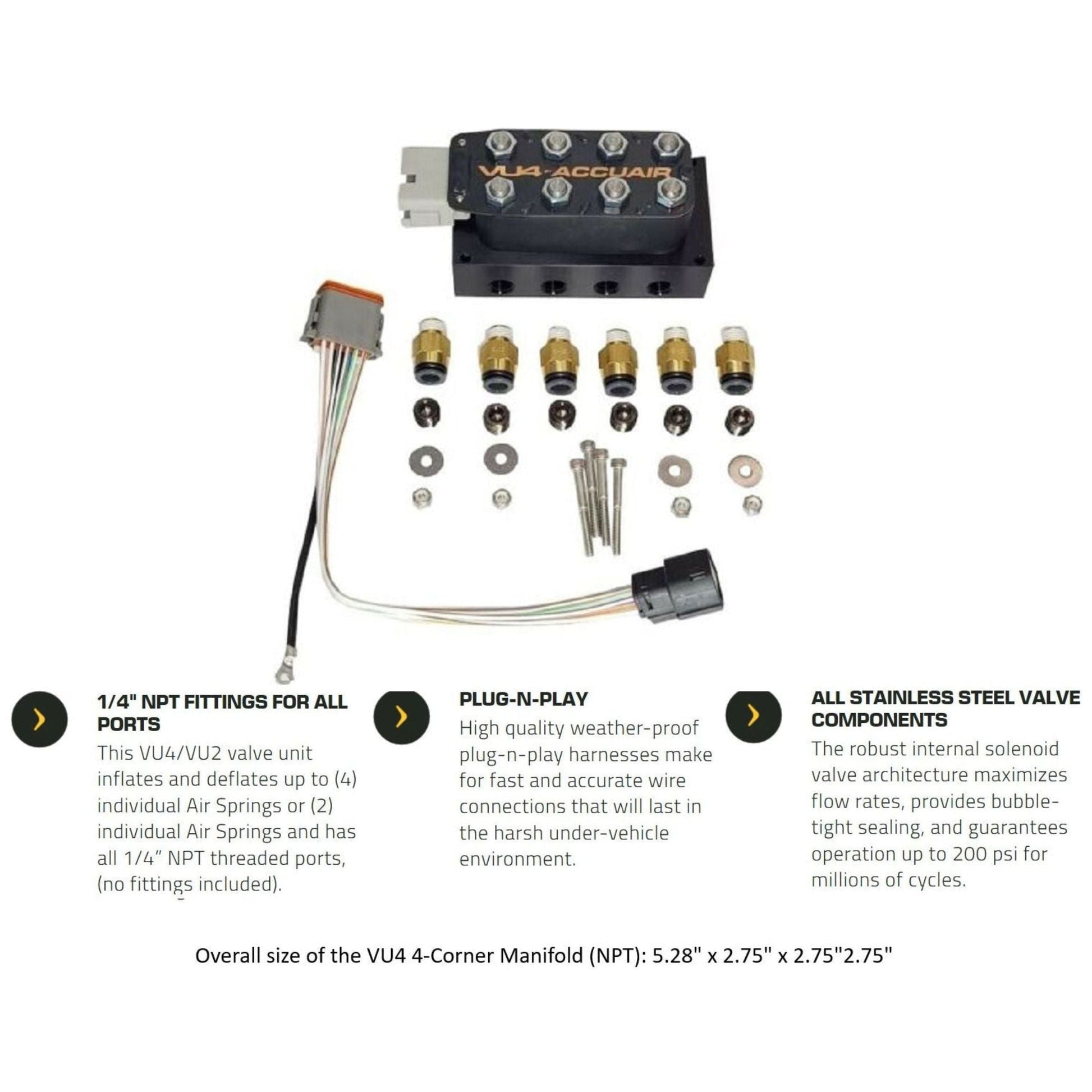 Compact AccuAir VU4 air suspension valve block specs instructions