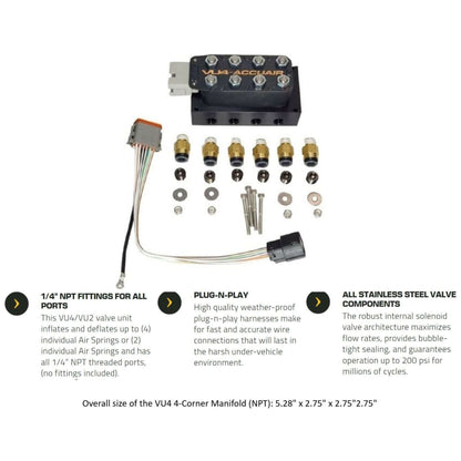 Compact AccuAir VU4 air suspension valve block specs instructions
