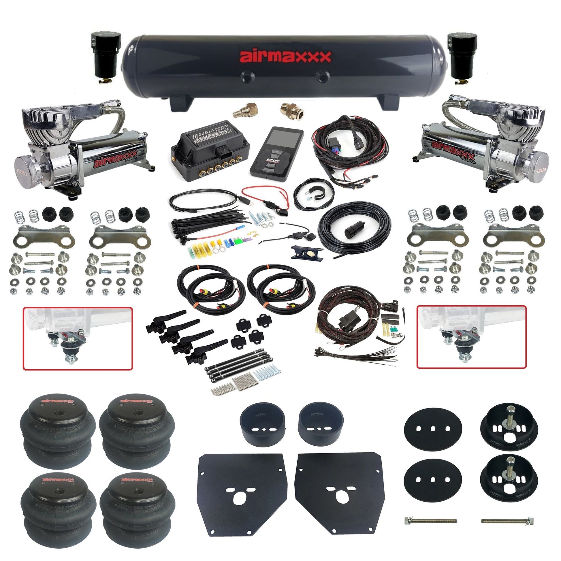 Complete Air Suspension Kit 3H 27695 Air Lift 3/8 w/Steel tank Chrome 580 compressors 2600 bags & airmaxxx brackets Fits 1963-1972 Chevy C10 KC1063-580C2-57S-27695-WK-3P2