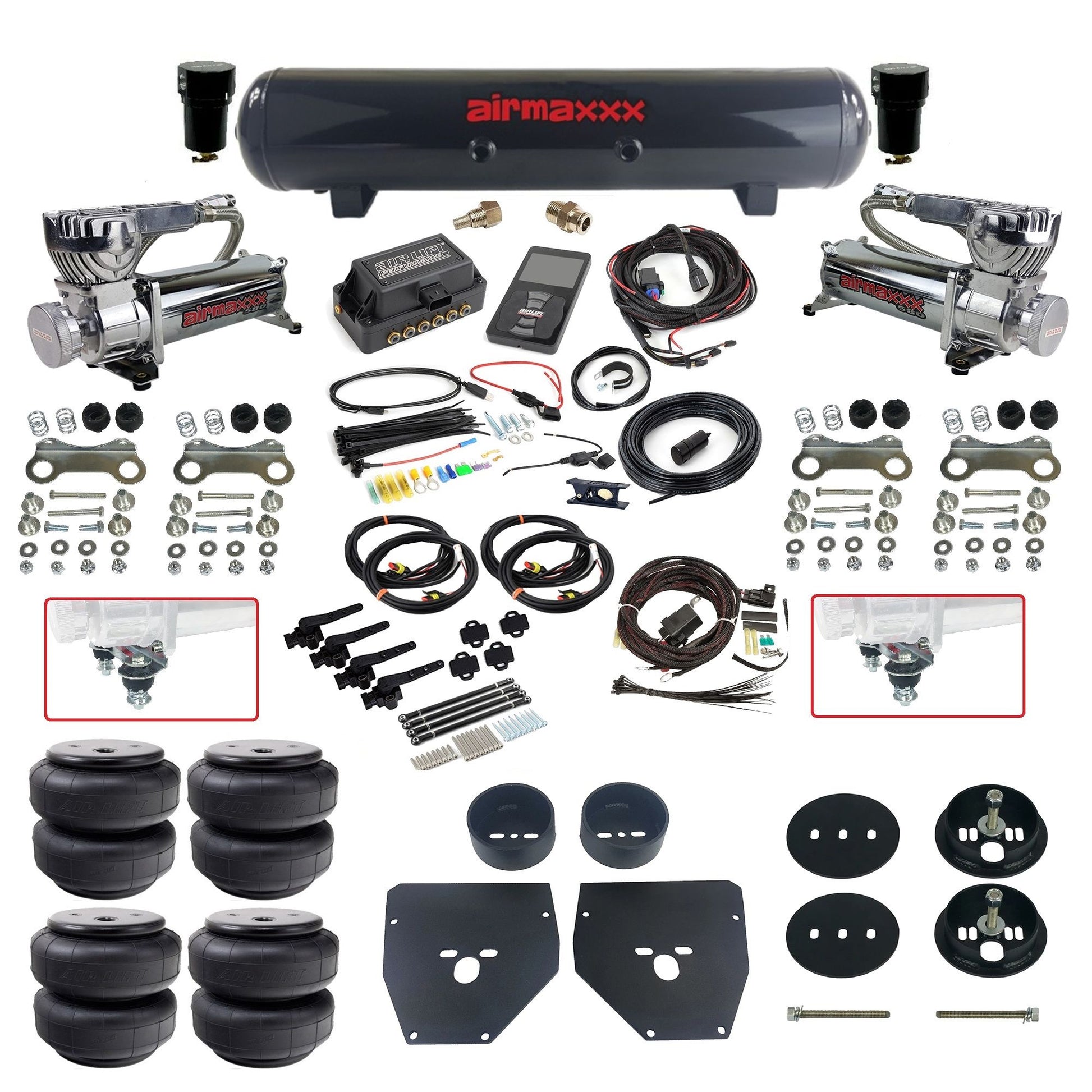 Complete Air Suspension Kit 3H 27695 Air Lift 3/8 w/Steel tank Chrome 580 compressors airlift bags & airmaxxx brackets Fits 1963-1972 Chevy C10 KC1063-580C2-57S-27695-WK-3P2D26