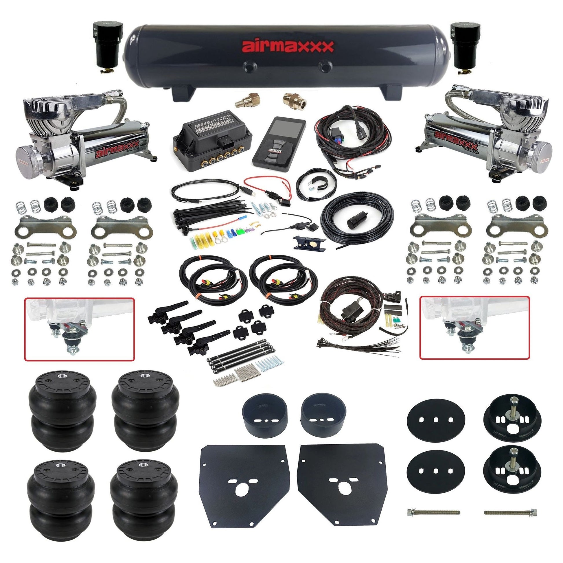Complete Air Suspension Kit 3H 27695 Air Lift 3/8 w/Steel tank Chrome 580 compressors slam bags & airmaxxx brackets Fits 1963-1972 Chevy C10 KC1063-580C2-57S-27695-WK-3P2SS7