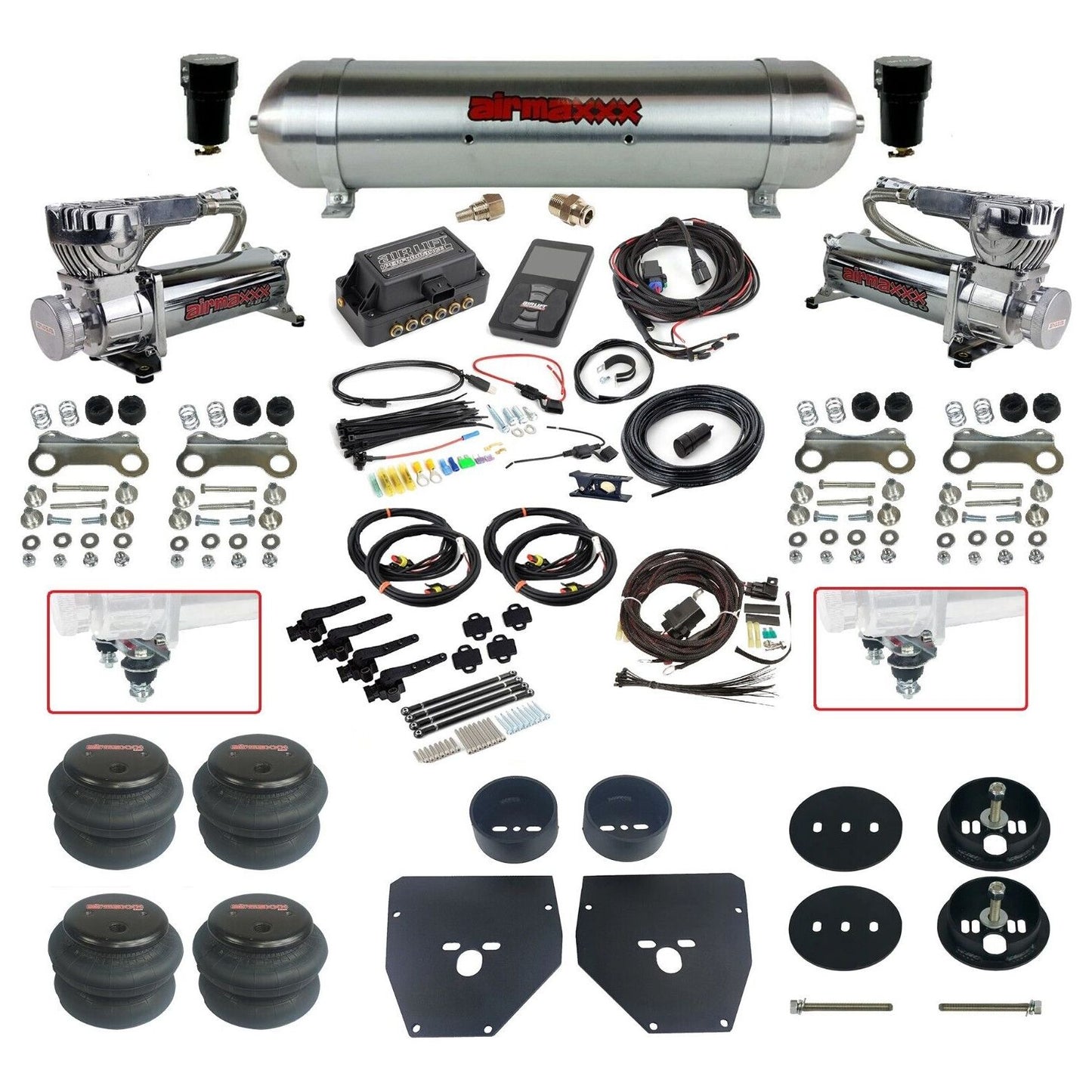 Complete Air Suspension Kit 3H 27695 Air Lift 3/8 w/raw aluminum tank Chrome 580 compressors 2600 bags & airmaxxx brackets Fits 1963-1972 Chevy C10 KC1063-580C2-57ARAW-27695-WK-3P2