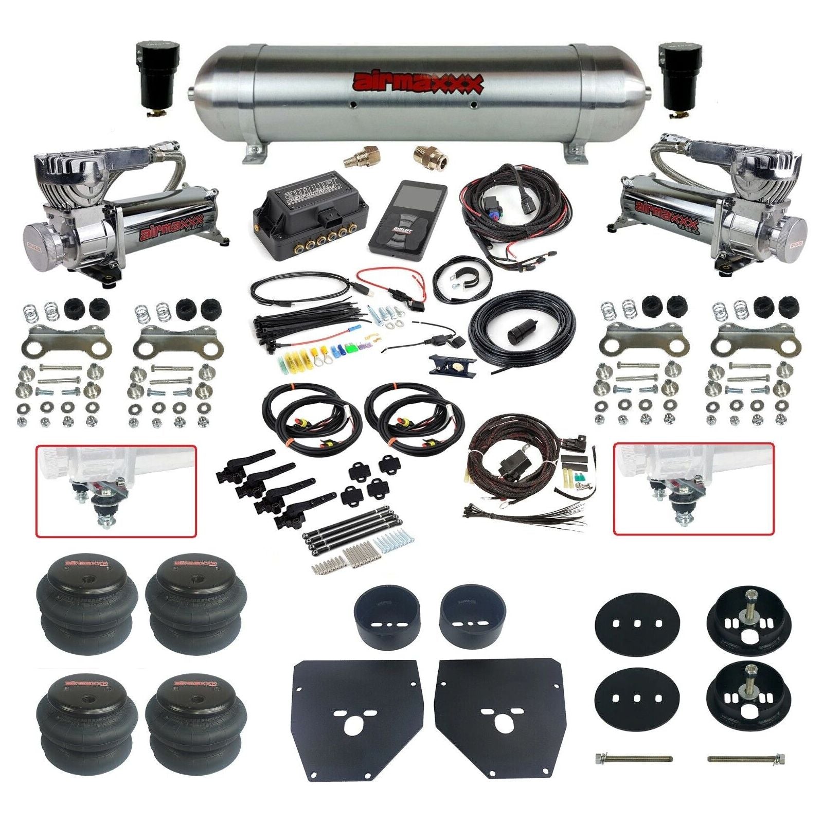 Complete Air Suspension Kit 3H 27695 Air Lift 3/8 w/raw aluminum tank Chrome 580 compressors 2600 bags & airmaxxx brackets Fits 1963-1972 Chevy C10 KC1063-580C2-57ARAW-27695-WK-3P2