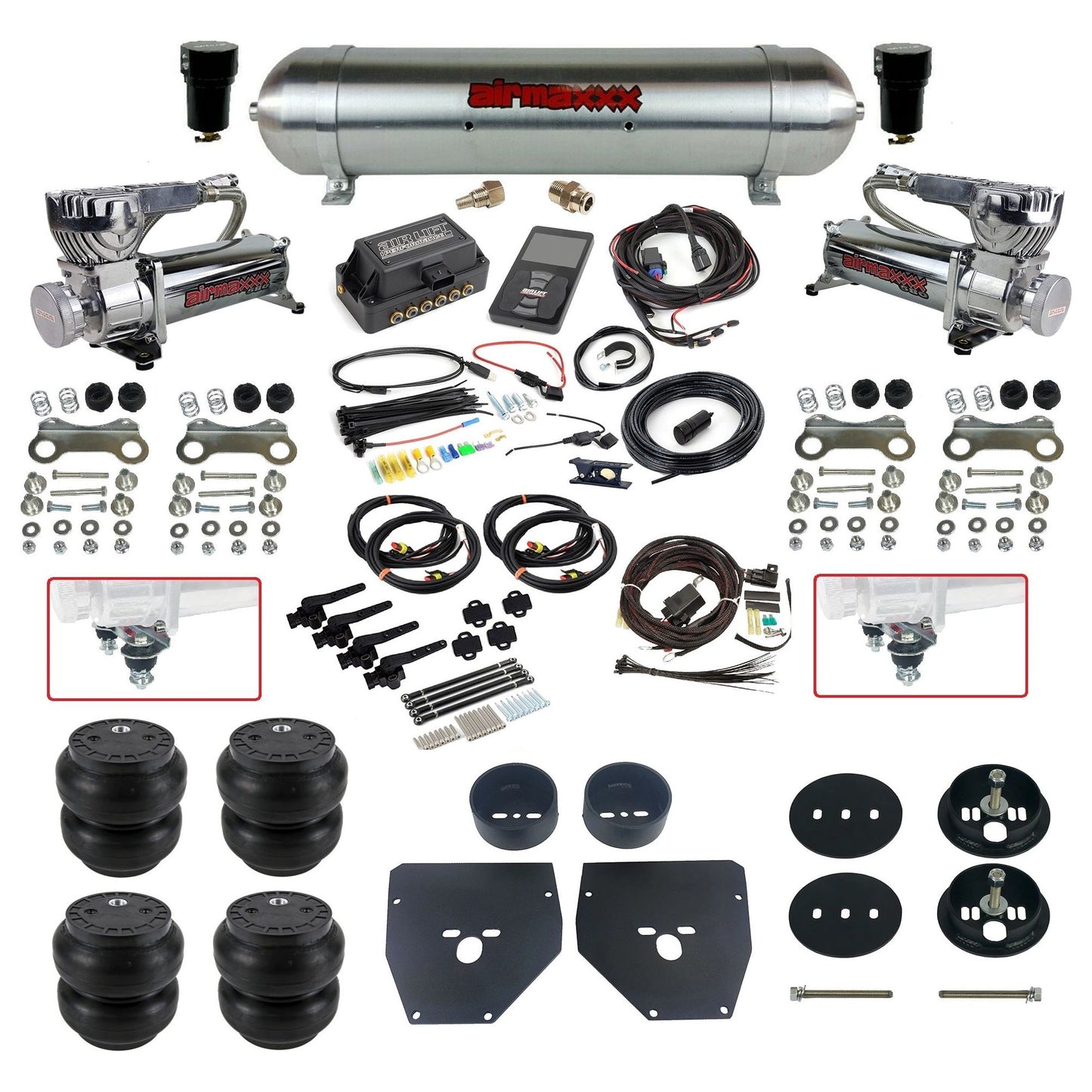 Complete Air Suspension Kit 3H 27695 Air Lift 3/8 w/raw aluminum tank Chrome 580 compressors slam bags & airmaxxx brackets Fits 1963-1972 Chevy C10 KC1063-580C2-57ARAW-27695-WK-3P2SS7