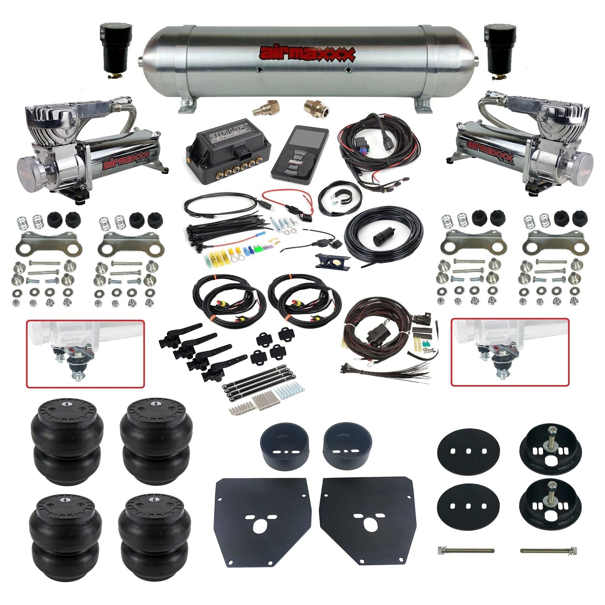 Complete Air Suspension Kit 3H 27695 Air Lift 3/8 w/raw aluminum tank Chrome 580 compressors slam bags & airmaxxx brackets Fits 1963-1972 Chevy C10 KC1063-580C2-57ARAW-27695-WK-3P2SS7