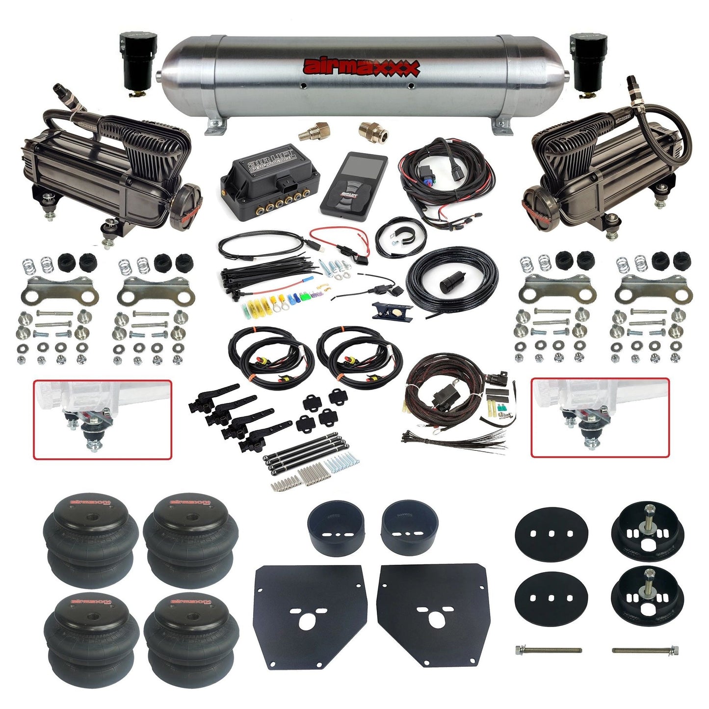 Complete Air Suspension Kit 3H 27695 Air Lift 3/8 w/raw aluminum tank x-series compressors 2600 bags & airmaxxx brackets Fits 1963-1972 Chevy C10 KC1063-XB2-57ARW-27695-WK-3P2