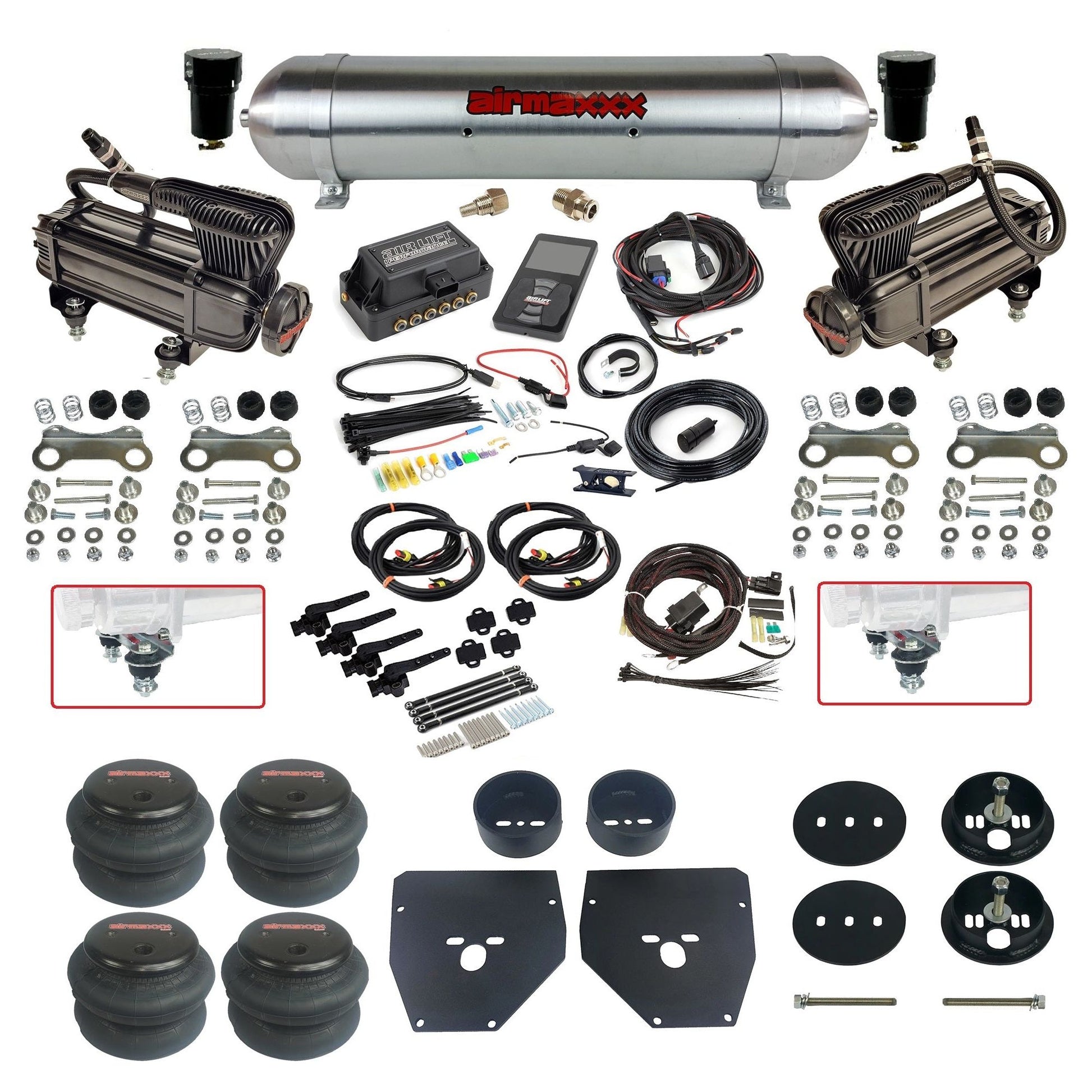 Complete Air Suspension Kit 3H 27695 Air Lift 3/8 w/raw aluminum tank x-series compressors 2600 bags & airmaxxx brackets Fits 1963-1972 Chevy C10 KC1063-XB2-57ARW-27695-WK-3P2