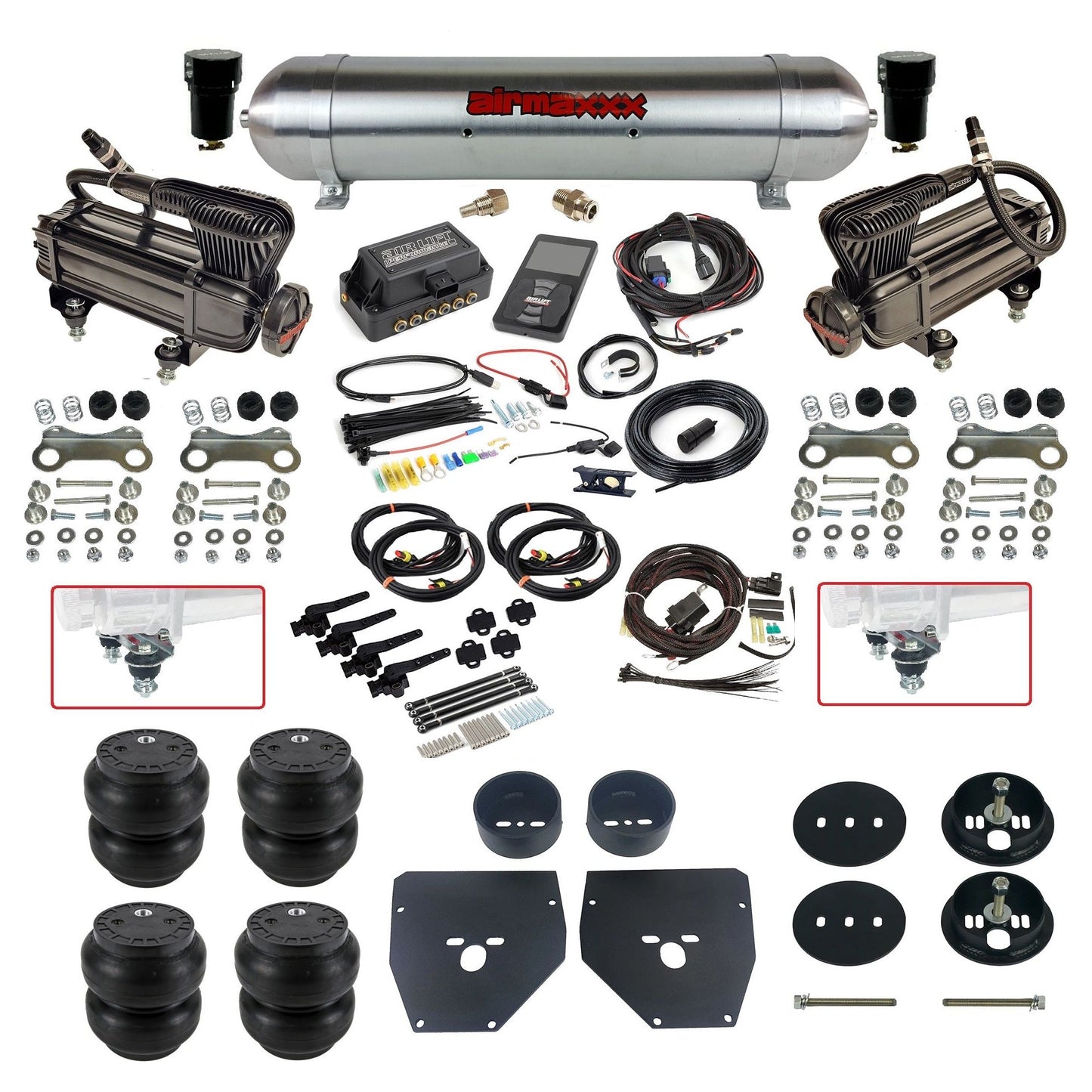 Complete Air Suspension Kit 3H 27695 Air Lift 3/8 w/raw aluminum tank x-series compressors slam bags & airmaxxx brackets Fits 1963-1972 Chevy C10 KC1063-XB2-57ARW-27695-WK-3P2SS7