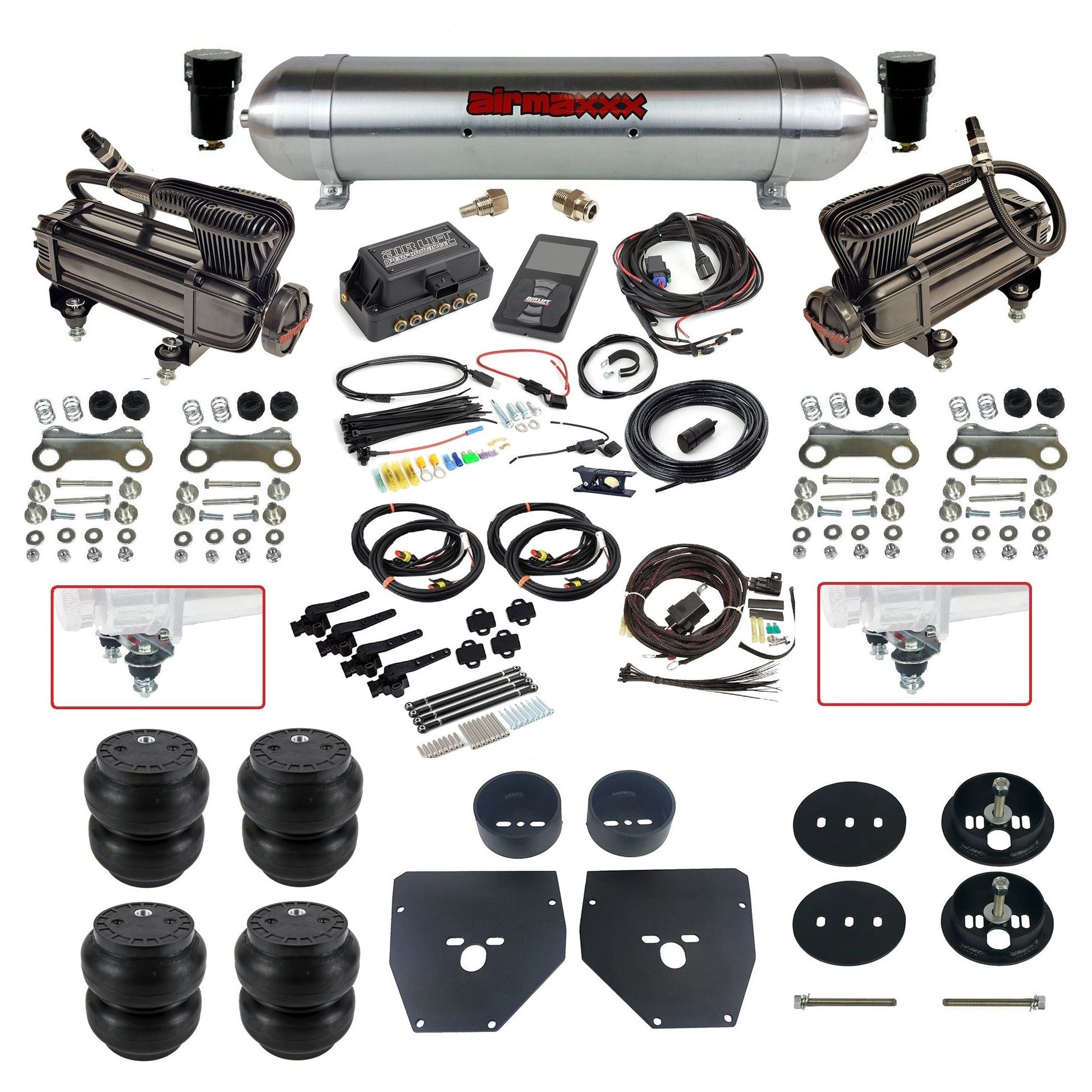 Complete Air Suspension Kit 3H 27695 Air Lift 3/8 w/raw aluminum tank x-series compressors slam bags & airmaxxx brackets Fits 1963-1972 Chevy C10 KC1063-XB2-57ARW-27695-WK-3P2SS7