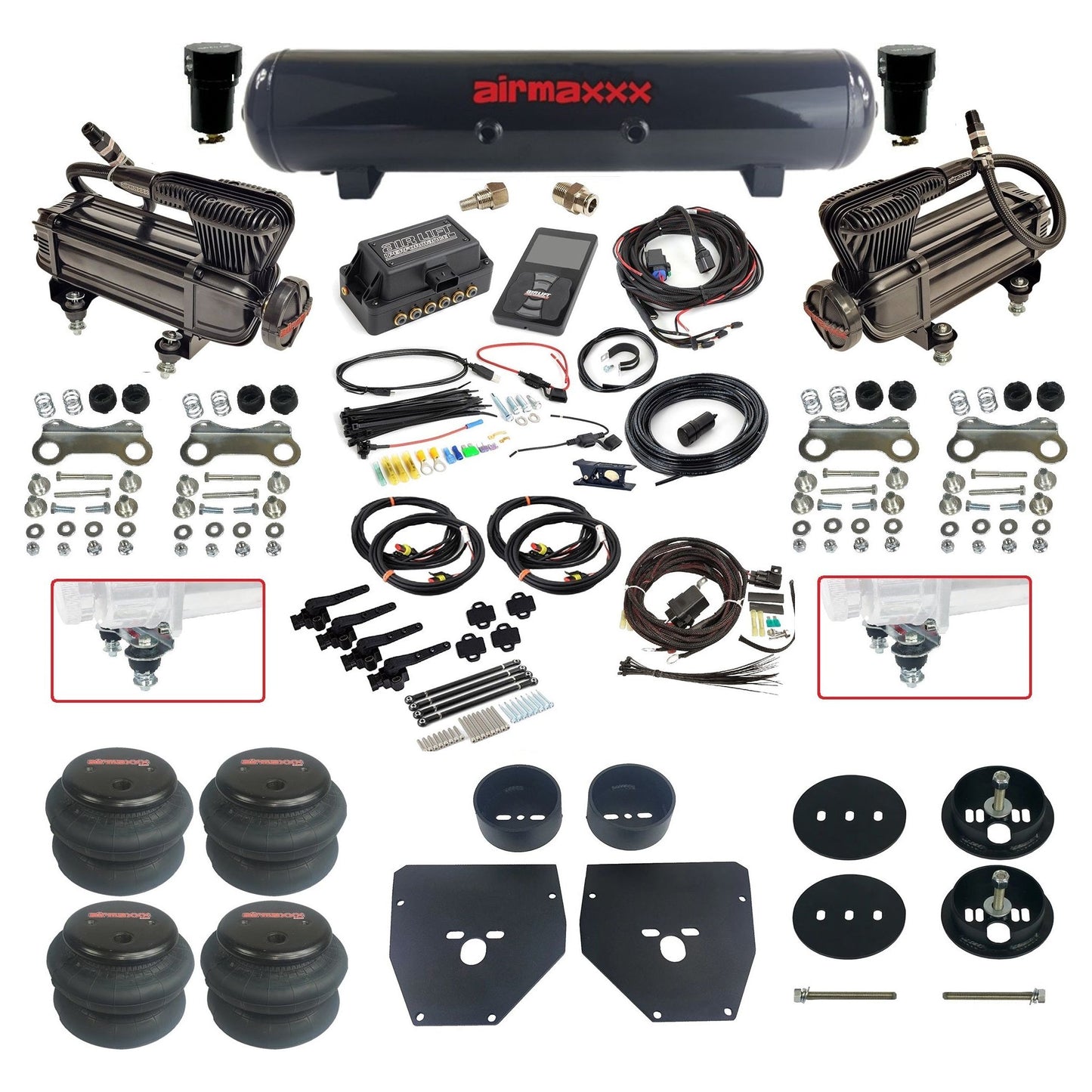 Complete Air Suspension Kit 3H 27695 Air Lift 3/8 w/steel tank x-series compressors 2600 bags & airmaxxx brackets Fits 1963-1972 Chevy C10 KC1063-XB2-57S-27695-WK-3P2