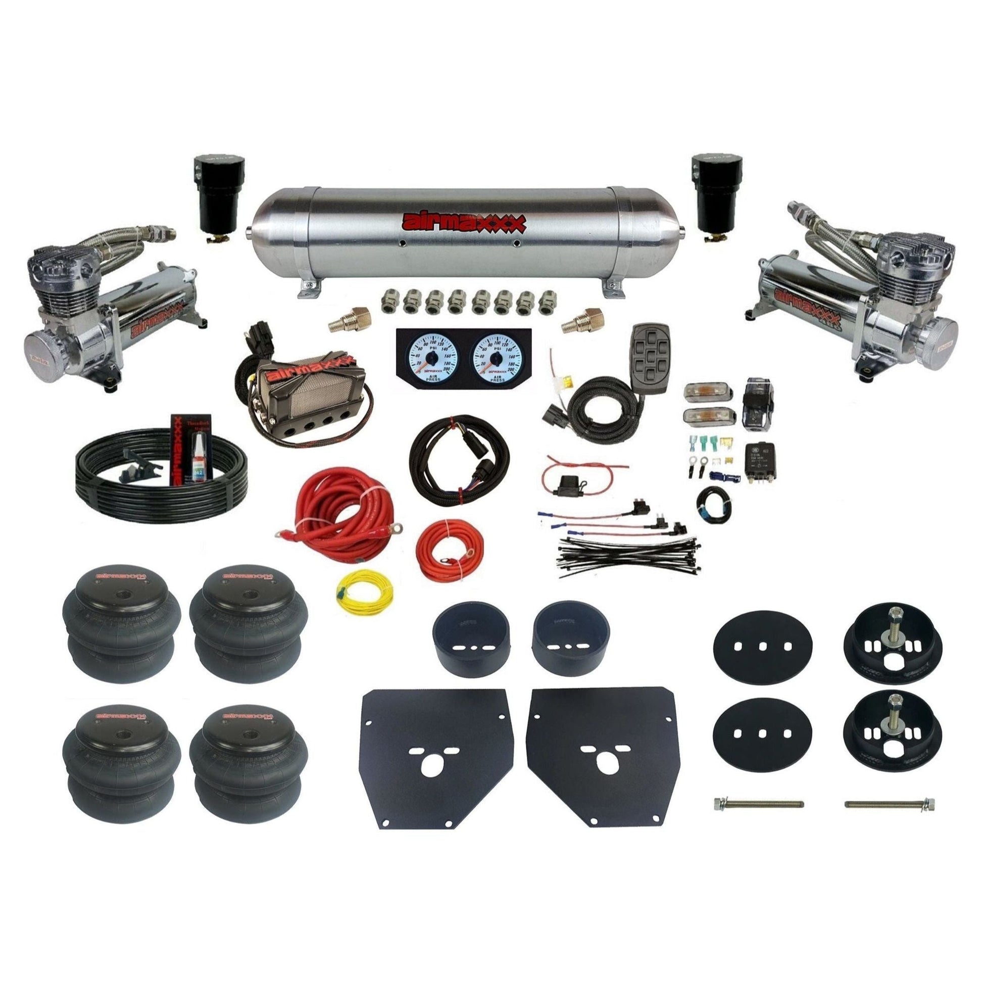 Complete Air Suspension Kit 3/8" Manifold airmaxxx Chrome 480 Compressors raw aluminum air tank 2600 bags & brackets Fits 1963-72 C10 2wd KC1063-480C2-57ARW-X4X7-WK-HF