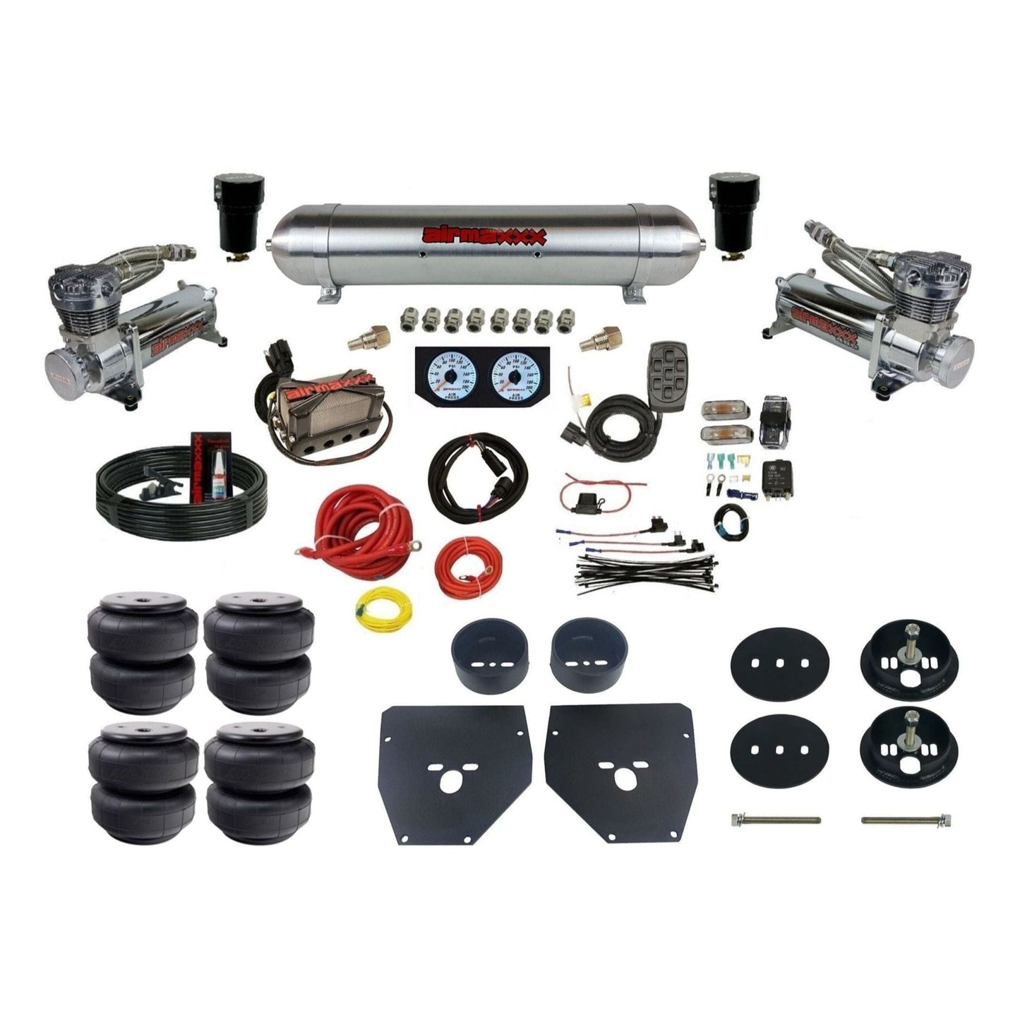 Complete Air Suspension Kit 3/8" Manifold airmaxxx Chrome 480 Compressors raw aluminum air tank Air Lift bags & brackets Fits 1963-72 C10 2wd KC1063-480C2-57ARAW-X4X7-WKHFD26