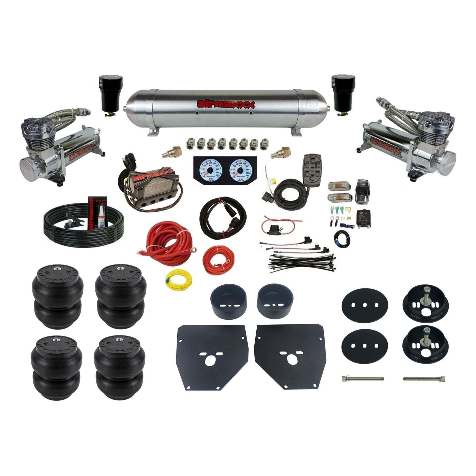 Complete Air Suspension Kit 3/8" Manifold airmaxxx Chrome 480 Compressors raw aluminum air tank Slam bags & brackets Fits 1963-72 C10 2wd KC1063-480C2-57ARAW-X4X7-WKHFSS7