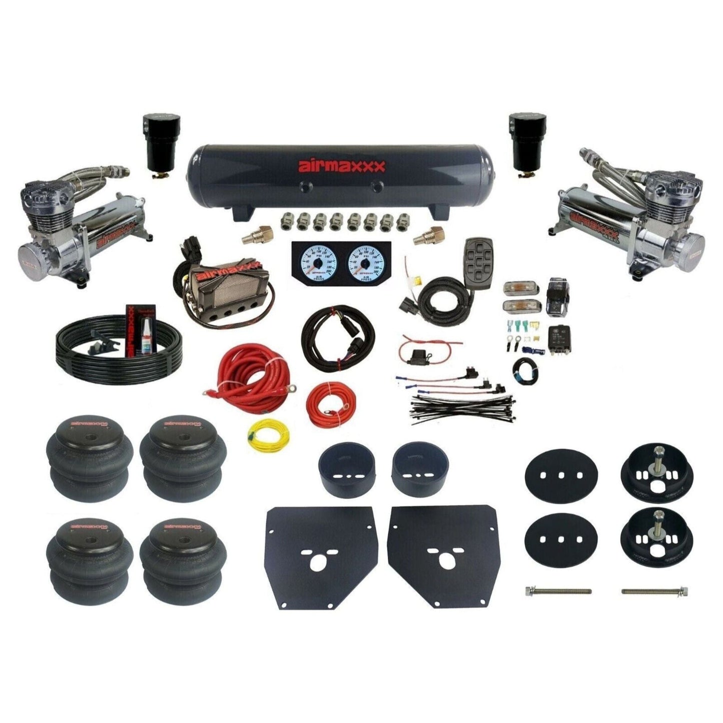 Complete Air Suspension Kit 3/8" Manifold airmaxxx Chrome 480 Compressors steel air tank 2600 bags & brackets Fits 1963-72 C10 2wd KC1063-480C2-57S-X4X7-WKHF