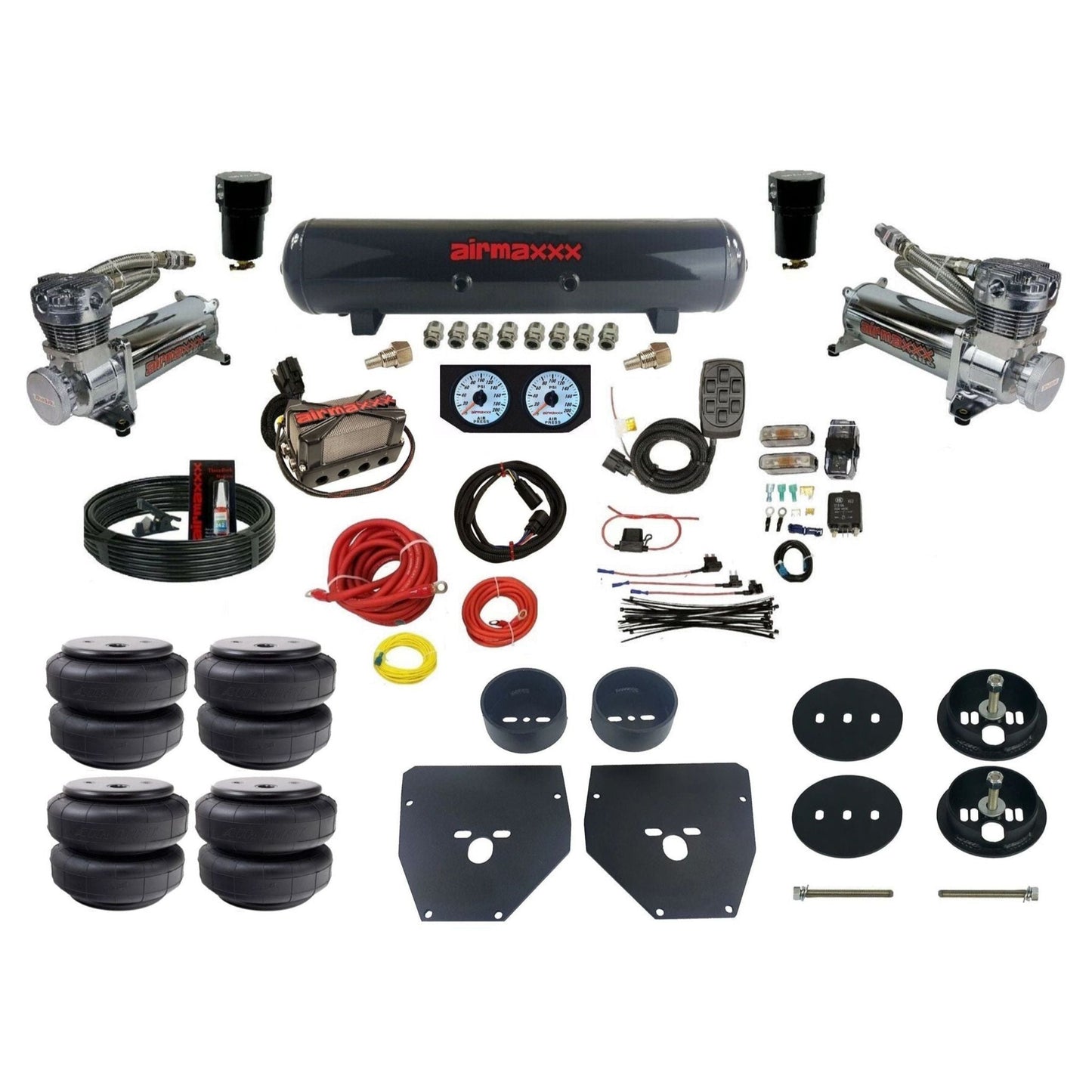 Complete Air Suspension Kit 3/8" Manifold airmaxxx Chrome 480 Compressors steel air tank Air Lift bags & brackets Fits 1963-72 C10 2wd KC1063-480C2-57S-X4X7-WKHFD26