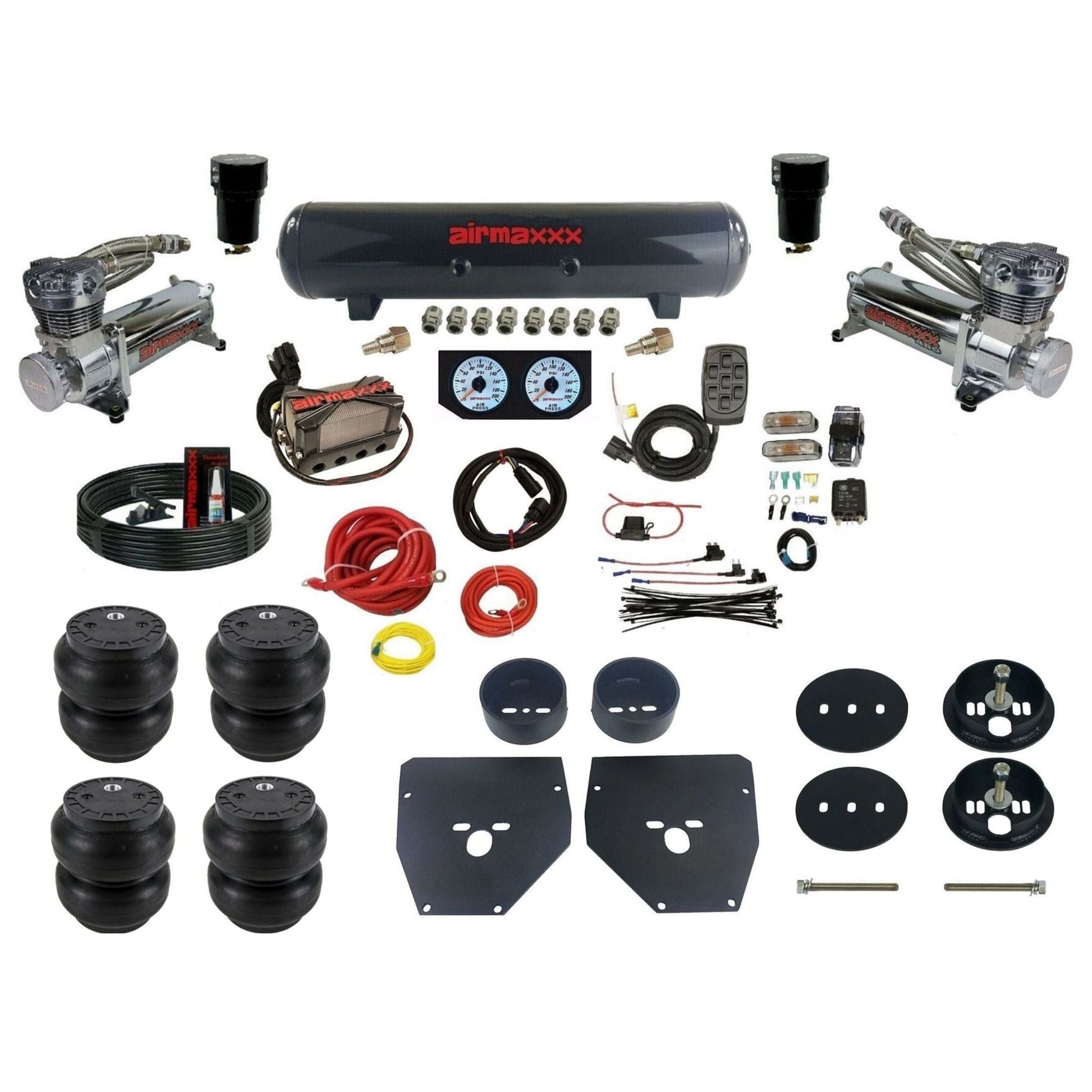 Complete Air Suspension Kit 3/8" Manifold airmaxxx Chrome 480 Compressors steel air tank Slam bags & brackets Fits 1963-72 C10 2wd KC1063-480C2-57S-X4X7-WKHFSS7