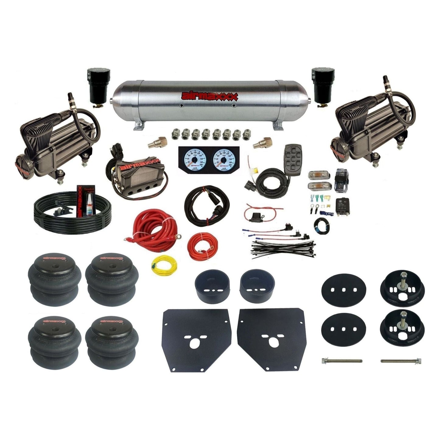 Complete Air Suspension Kit 3/8" Manifold airmaxxx X-series Compressors raw aluminum air tank 2600 bags & brackets Fits 1963-72 C10 2wd KC1063-XB2-57ARW-X4X7-WK-HF