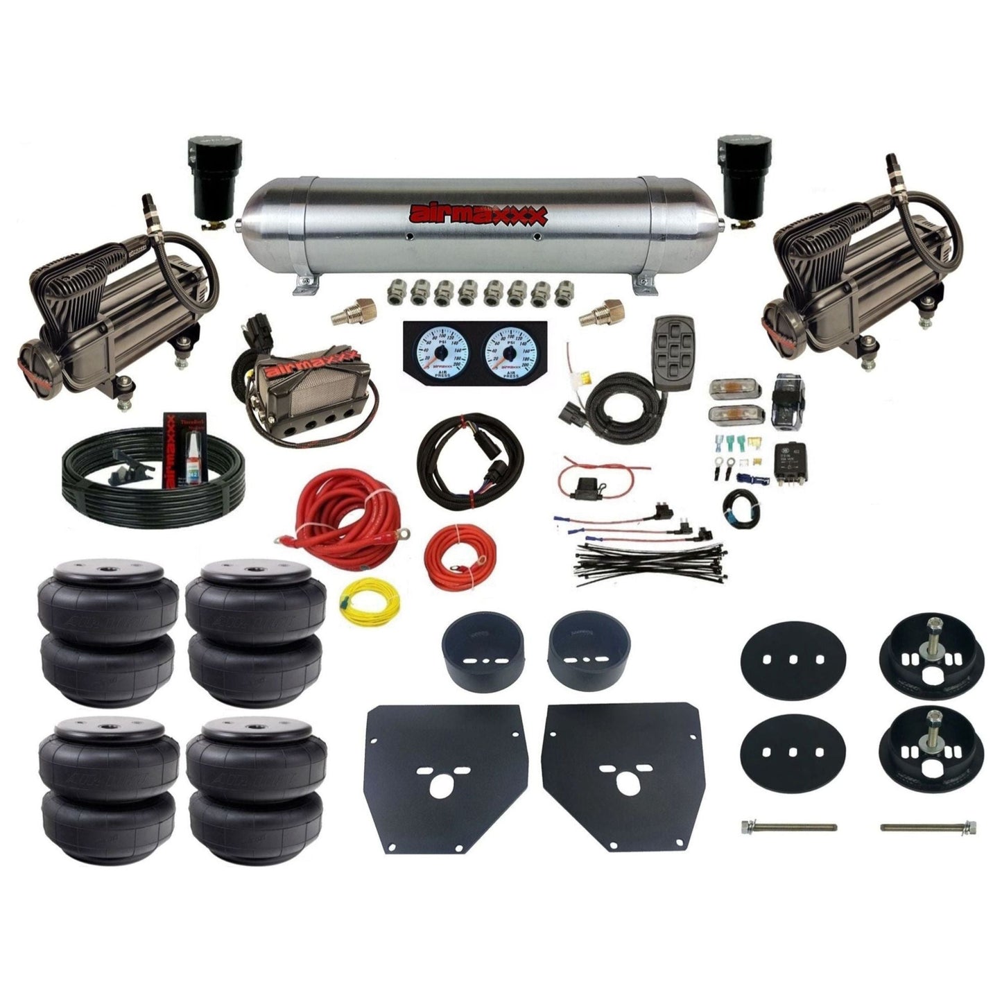 Complete Air Suspension Kit 3/8" Manifold airmaxxx X-series Compressors raw aluminum air tank Air Lift bags & brackets Fits 1963-72 C10 2wd KC1063-XB2-57ARW-X4X7-WK-HFD26
