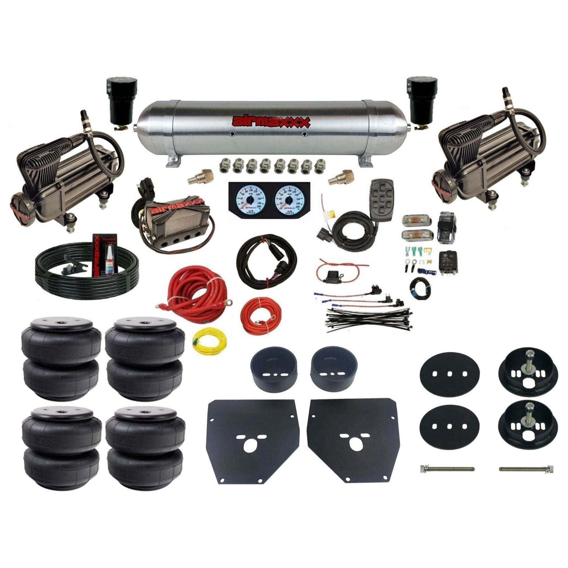 Complete Air Suspension Kit 3/8" Manifold airmaxxx X-series Compressors raw aluminum air tank Air Lift bags & brackets Fits 1963-72 C10 2wd KC1063-XB2-57ARW-X4X7-WK-HFD26