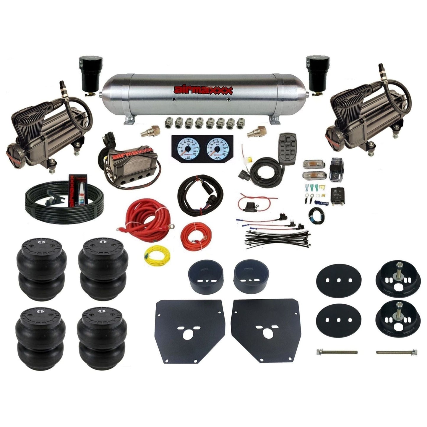 Complete Air Suspension Kit 3/8" Manifold airmaxxx X-series Compressors raw aluminum air tank Slam bags & brackets Fits 1963-72 C10 2wd KC1063-XB2-57ARW-X4X7-WK-HFSS7