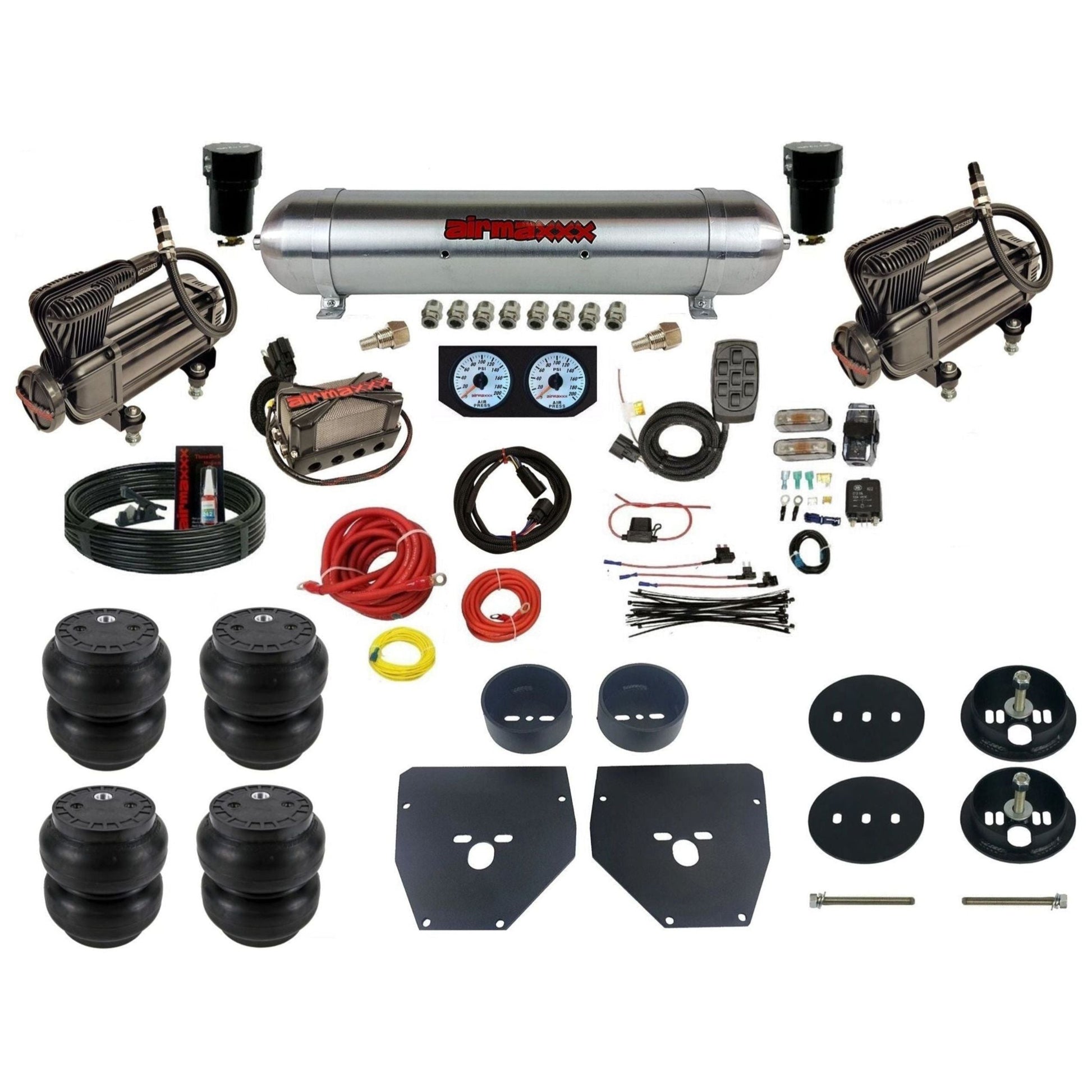 Complete Air Suspension Kit 3/8" Manifold airmaxxx X-series Compressors raw aluminum air tank Slam bags & brackets Fits 1963-72 C10 2wd KC1063-XB2-57ARW-X4X7-WK-HFSS7
