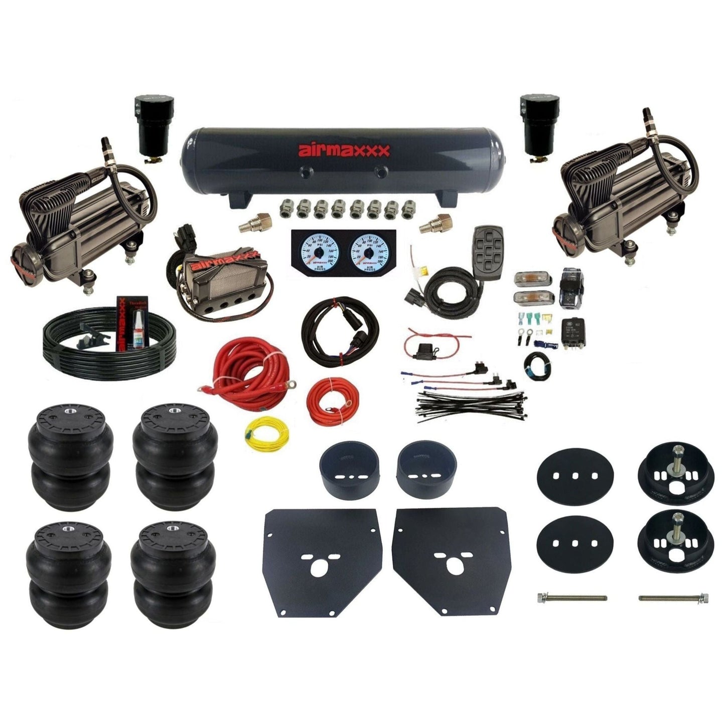 Complete Air Suspension Kit 3/8" Manifold airmaxxx X-series Compressors steel Slam bags & brackets Fits 1963-72 C10 2wd KC1063-XB2-57S-X4X7-WK-HFSS7