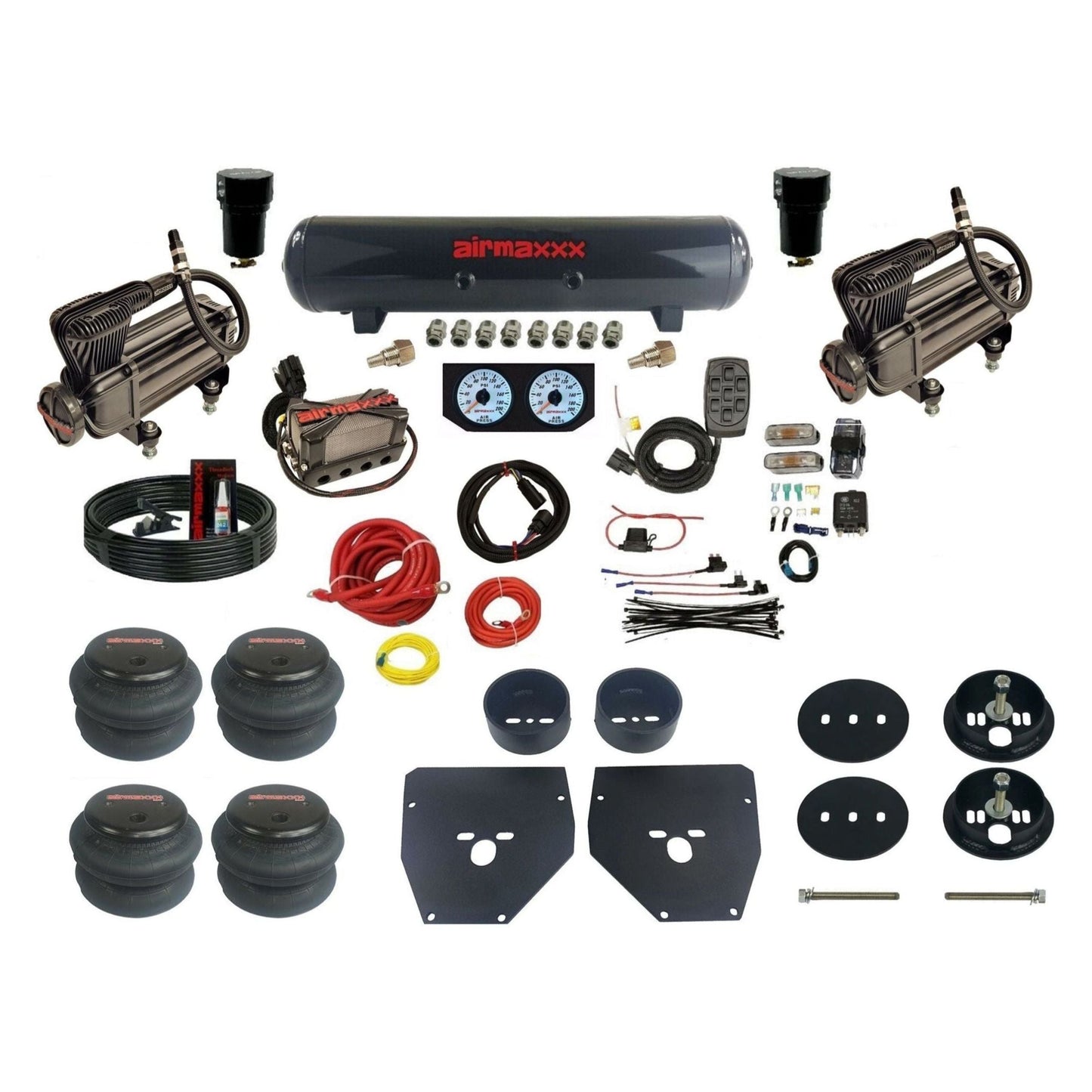 Complete Air Suspension Kit 3/8" Manifold airmaxxx X-series Compressors steel air tank 2600 bags & brackets Fits 1963-72 C10 2wd KC1063-XB2-57S-X4X7-WK-HF